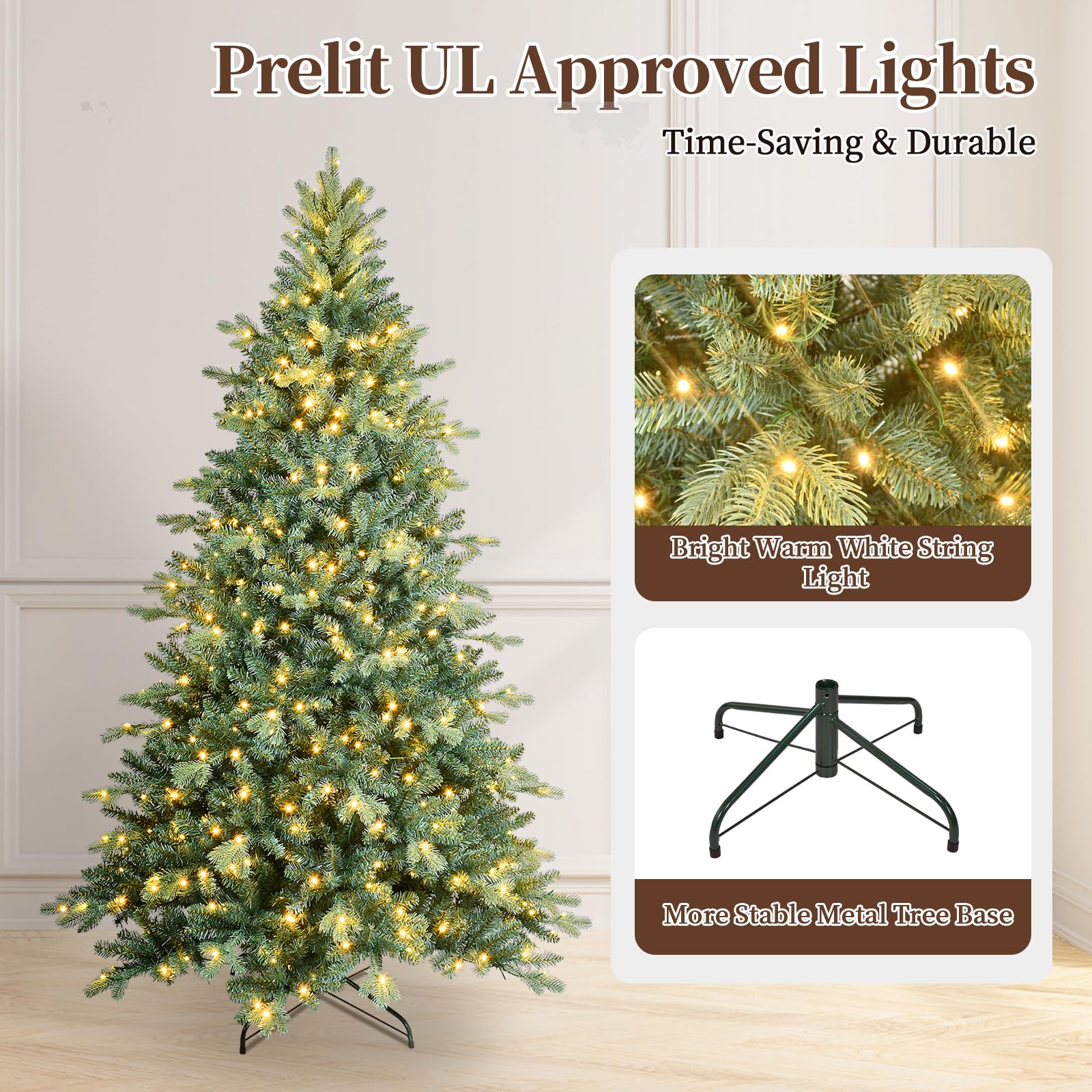 8ft Blue Spruce Artificial Christmas Tree Pre Lit with 750 Lights Hinged Branch Xmas Tree with Foldable Metal Tree Stand for Chr