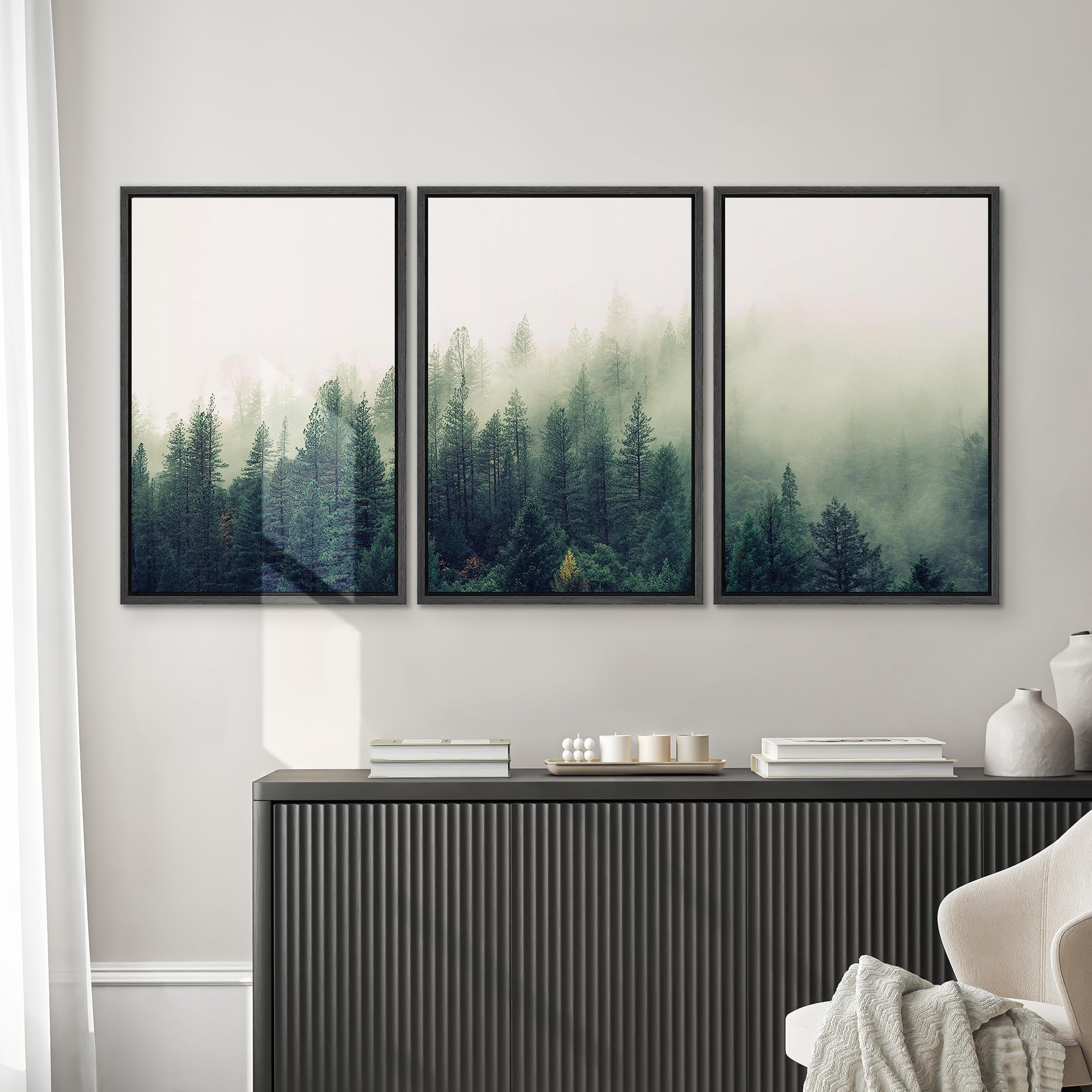 SIGNWIN 3 Piece Framed Canvas Wall Art Foggy Mountains Canvas Prints Home Artwork Decoration for Living Room Bedroom - 24 ''x36 ''x3 Panels