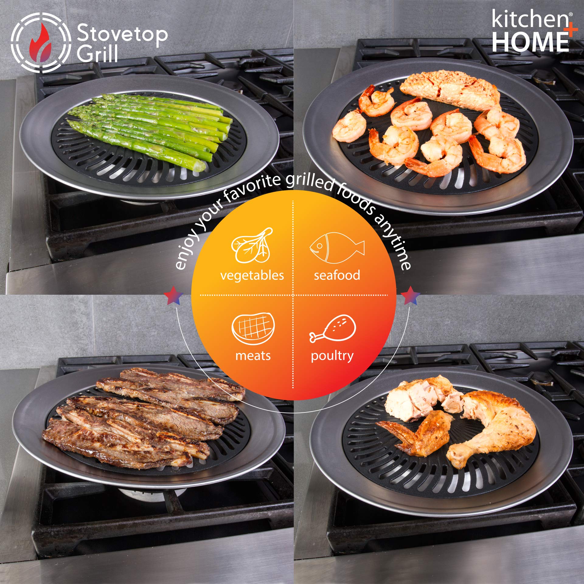 Kitchen + Home Stove Top Smokeless Grill Indoor Bbq, Stainless Steel With Double Coated Non Stick Surface