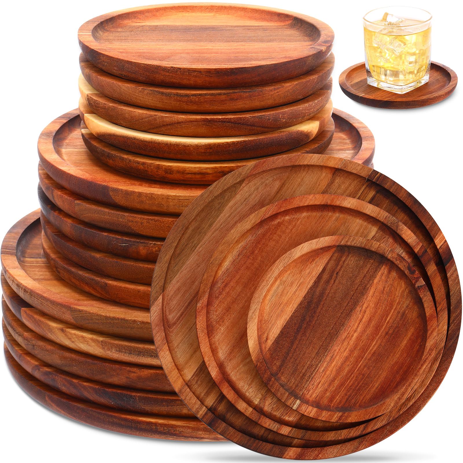 Roshtia Set of 15 Acacia Wood Dinner Plates Round Wooden Charger Plates Lightweight Serving Food Trays for Dish Snack Salad Dess