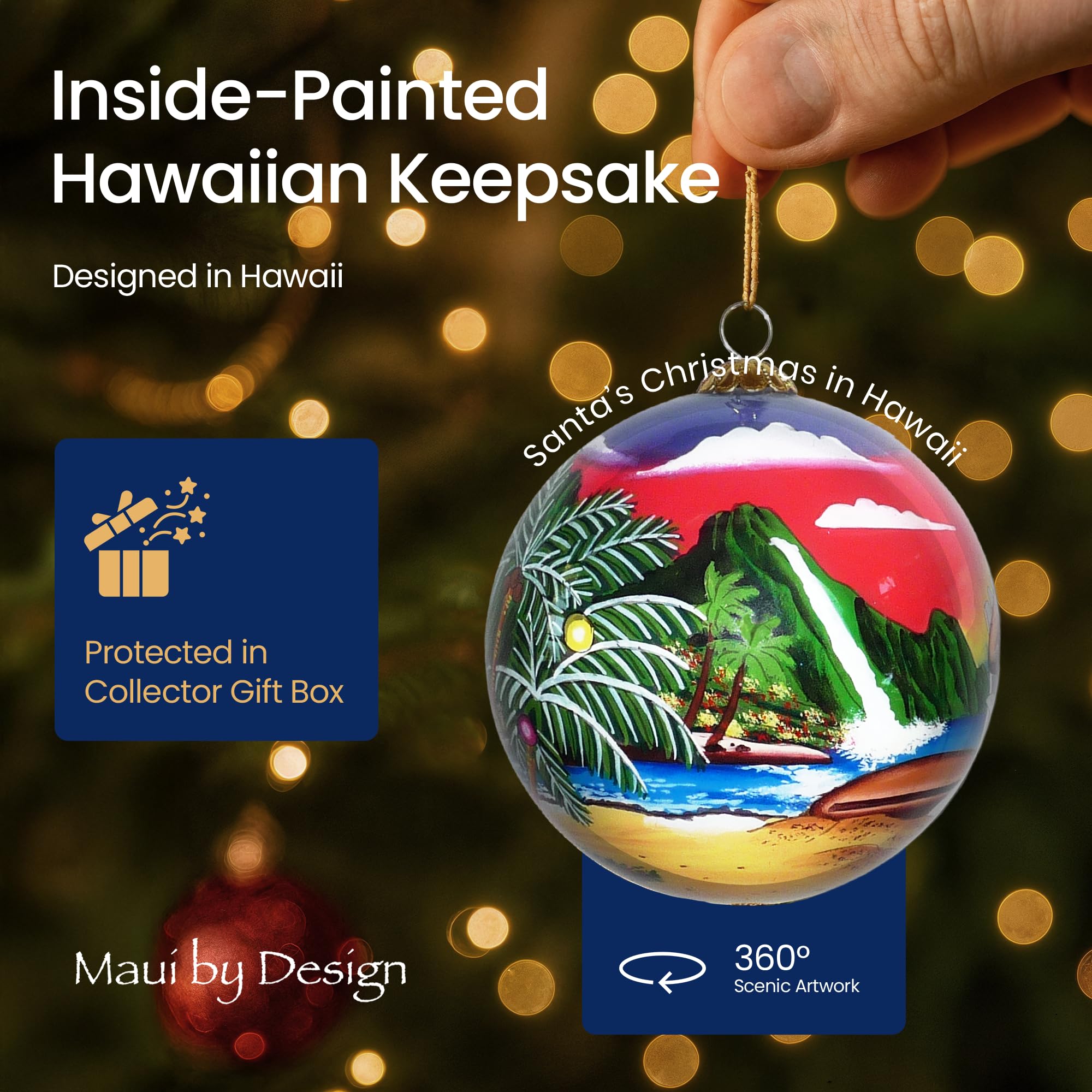 Collectible Hawaiian Santa Christmas Hand-Painted Glass with Gift Box Ornament MK/H