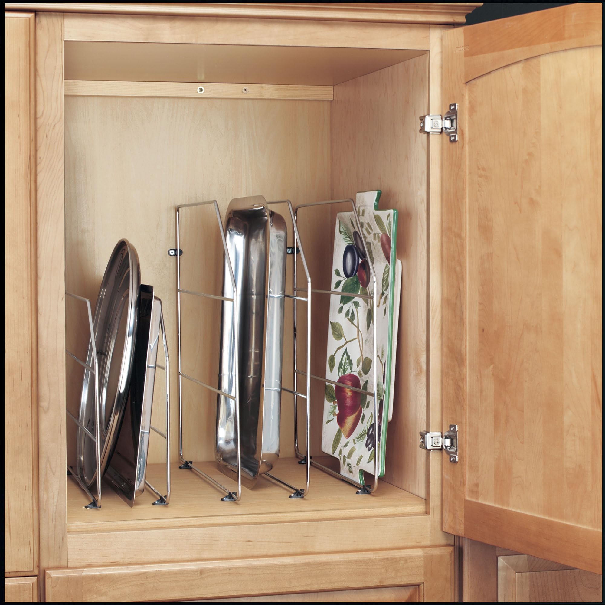 Rev-A-Shelf 12'' Baking Sheet Shelf Organizer for Wall and Base Kitchen Cabinets  Divider Pan Rack Storage Wires for Cupboards  Chrome  597-12CR-52