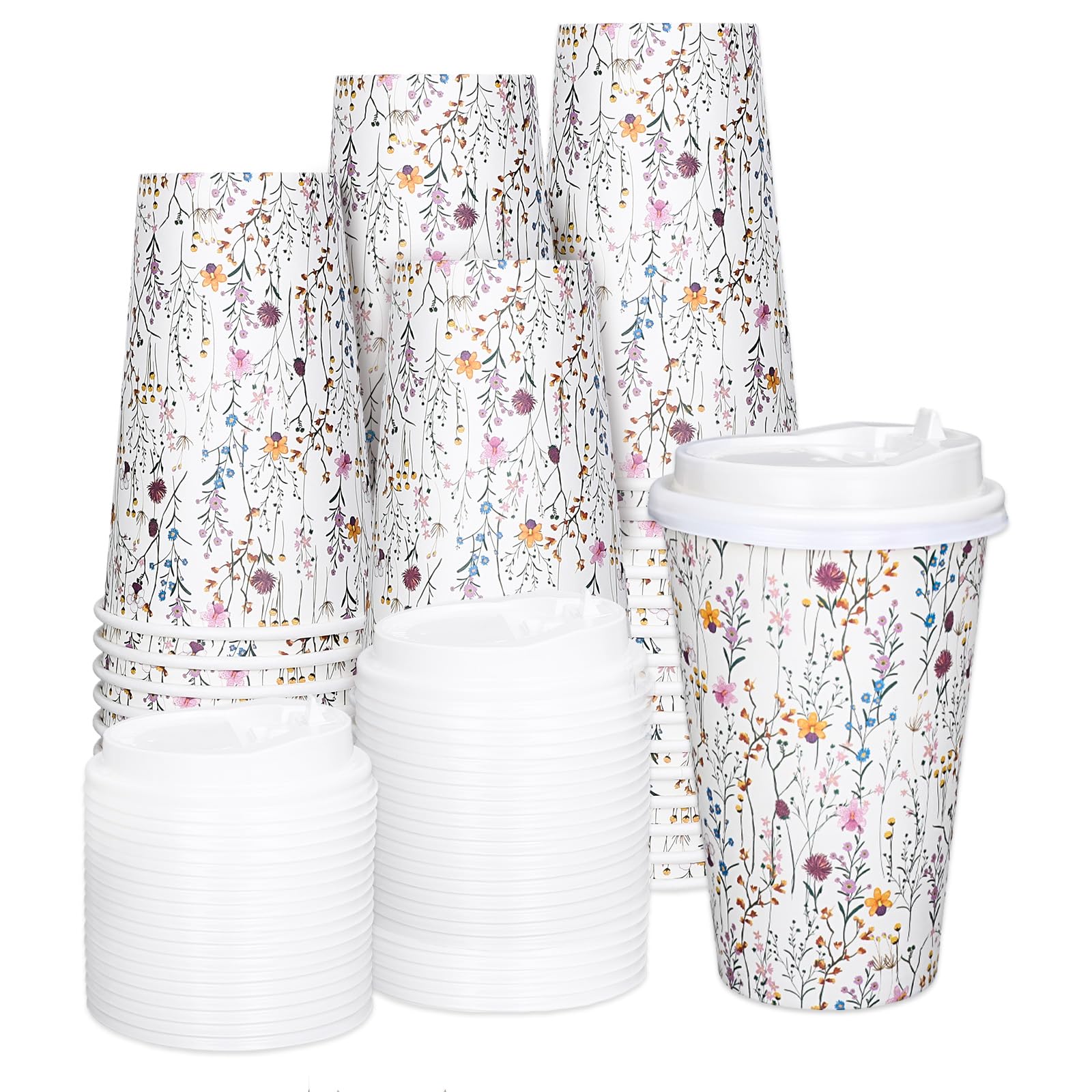 FYSUIMU 50 Pack Wildflower Disposable Coffee Cups with Lids 16 Oz Floral Paper Cup To Go Coffee Cups for Spring Birthday Baby Sh