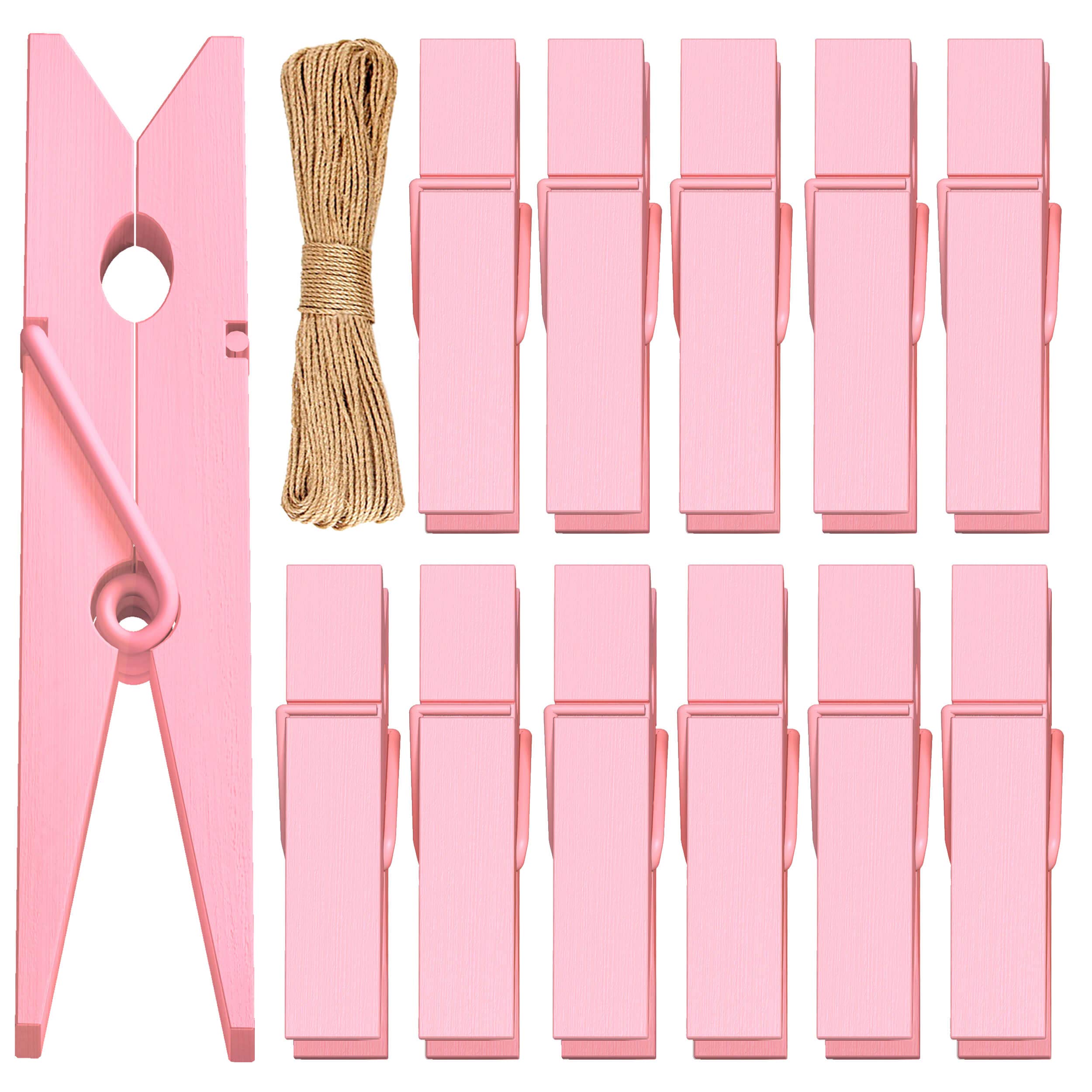 Clothes Pins Mini Clothespins Pink - 100 Pcs Wooden Small Clothespins For Pictures With Jute Twine Tiny Photo Paper Clip, Ideal