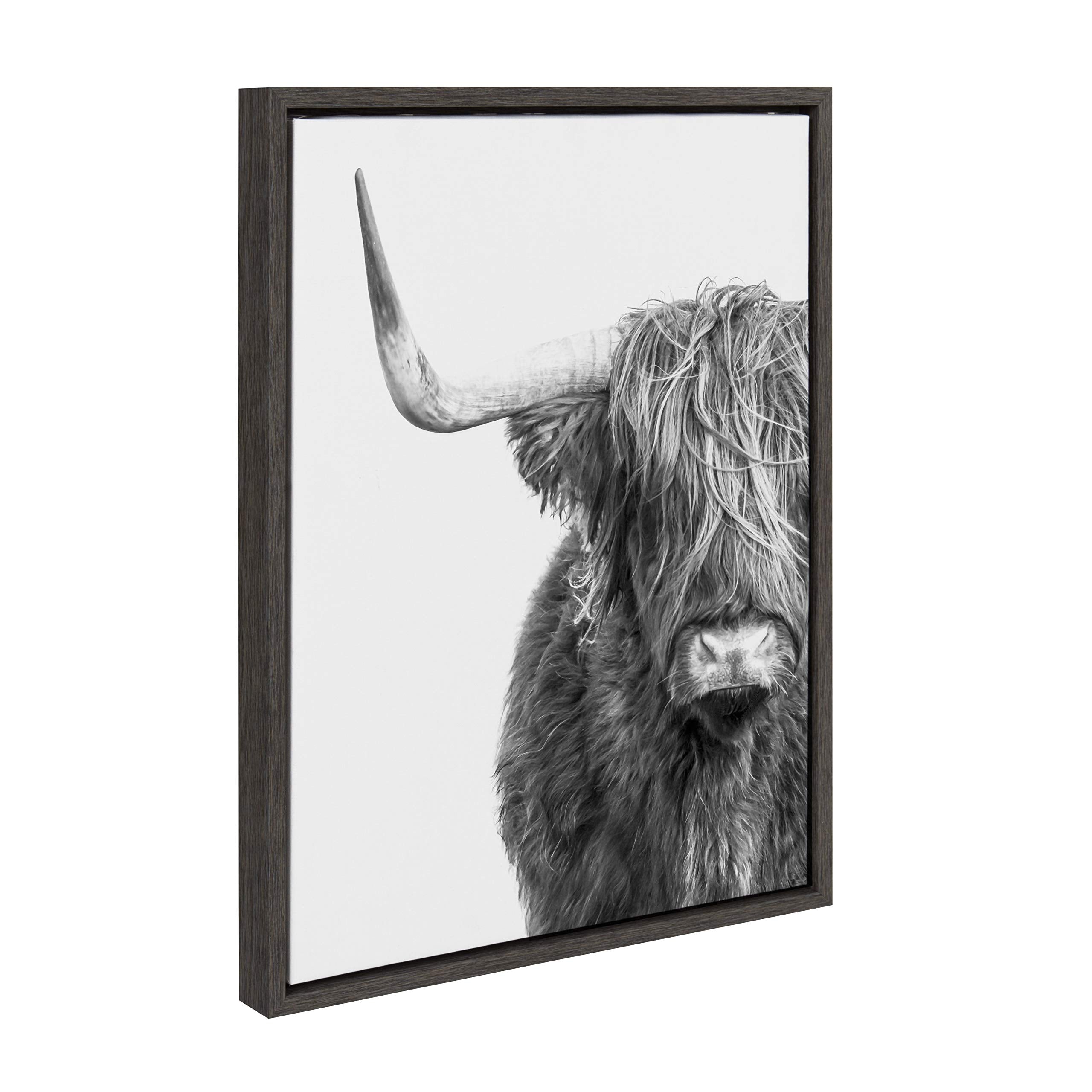 Kate And Laurel Sylvie Highland Cow Black And White Portrait Framed Canvas By Amy Peterson, 18X24 Gray, Adorable Wall Decor For