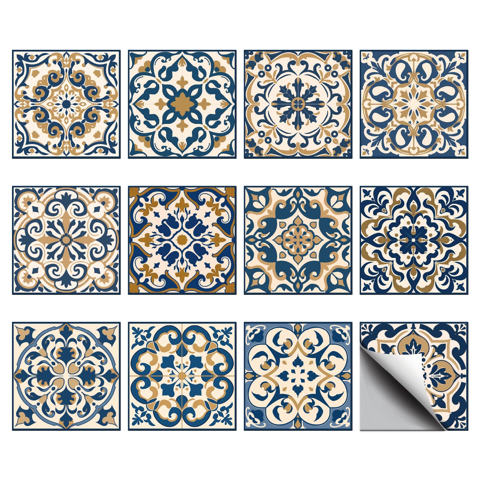 CHGCRAFT 36Pcs 12Styles Moroccan Mandala Wall Tile Decals 4x4Inch Peel and Stick Tile Stickers Waterproof Self-Adhesive Backspla