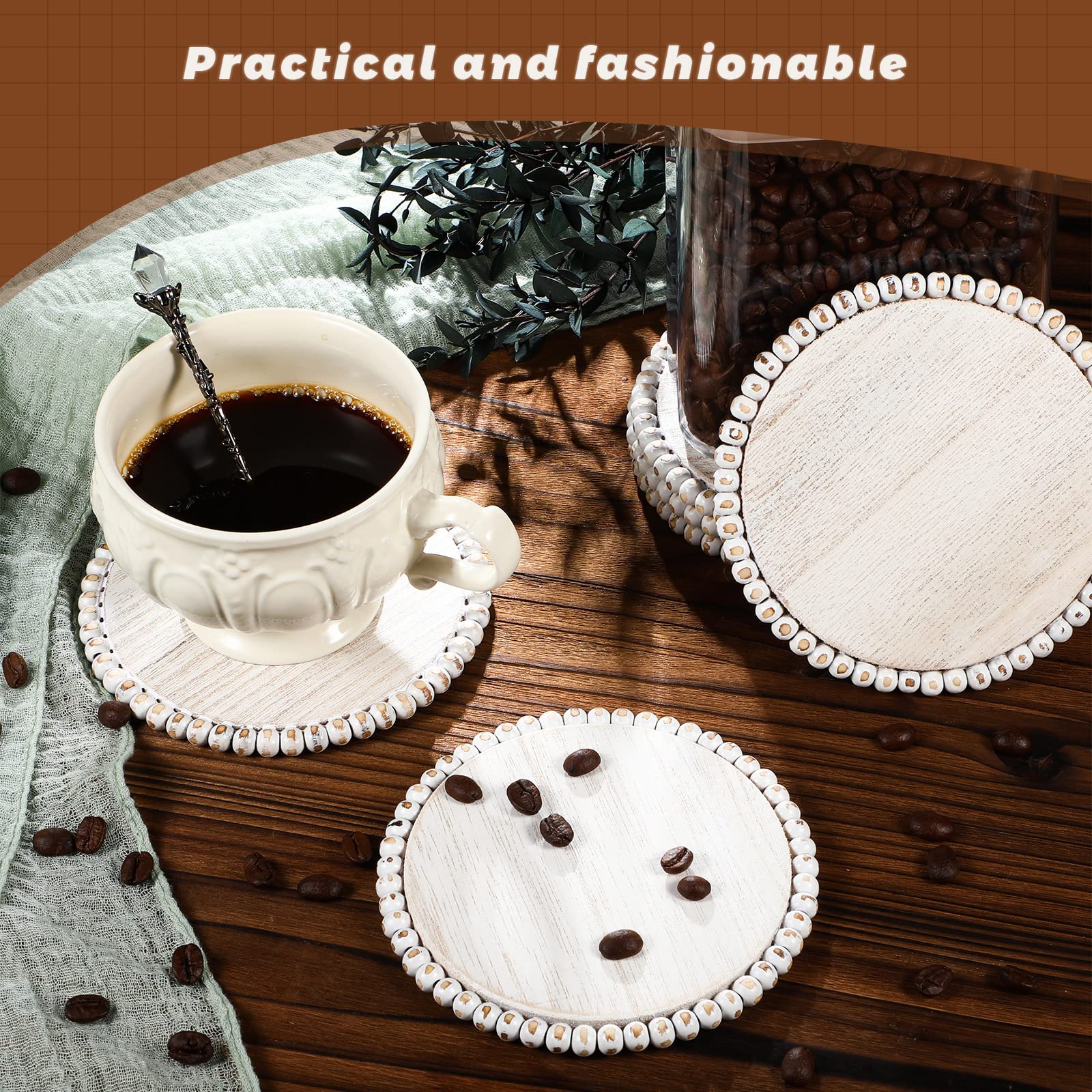 10 Pieces Beaded Wood Coasters Bulk Farmhouse Coasters for Drinks Coffee Table 4.7 Inch Round Farmhouse Beaded Rustic Coasters Decorative White Coasters Bar Coasters for Home Kitchen Decor