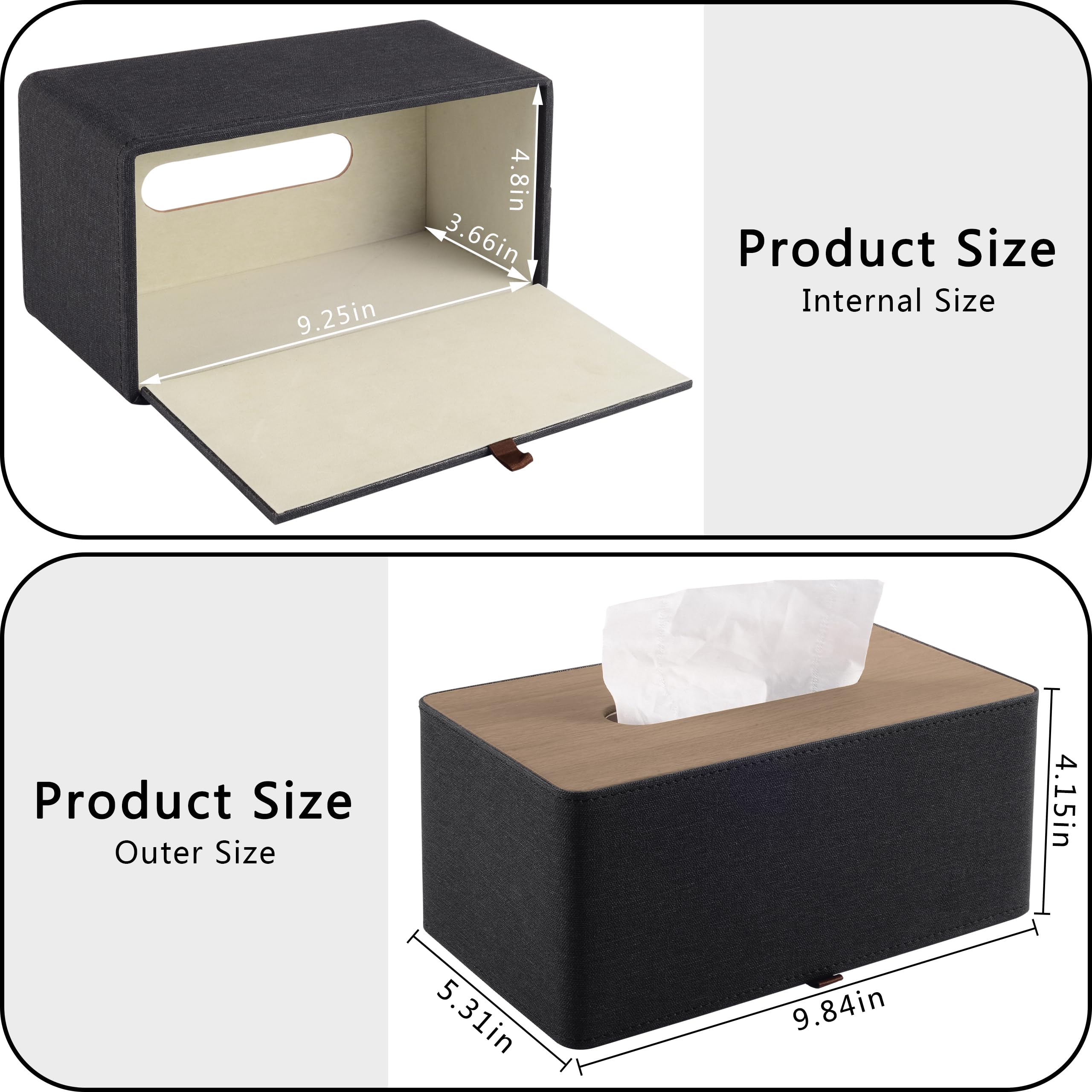 RHCSZ High-end PU Leather Tissue Box Holder Two Color Combination-Linen and Wood Grain Rounded Rectangle Napkin Paper Case Dispenser for Home Bathroom Dresser Offices Car Tissue Cover (Black)