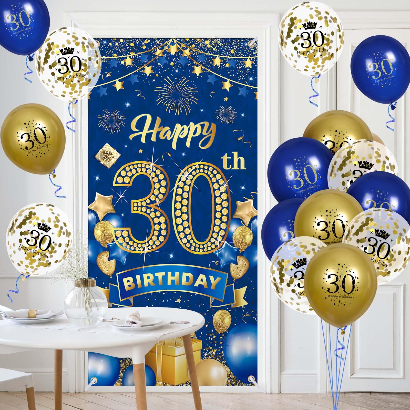 30Th Birthday Party Decorations For Men Navy Blue Gold Happy 30Th Birthday Banner With 18Pcs 30Th Balloons 30Th Door Cover Backd