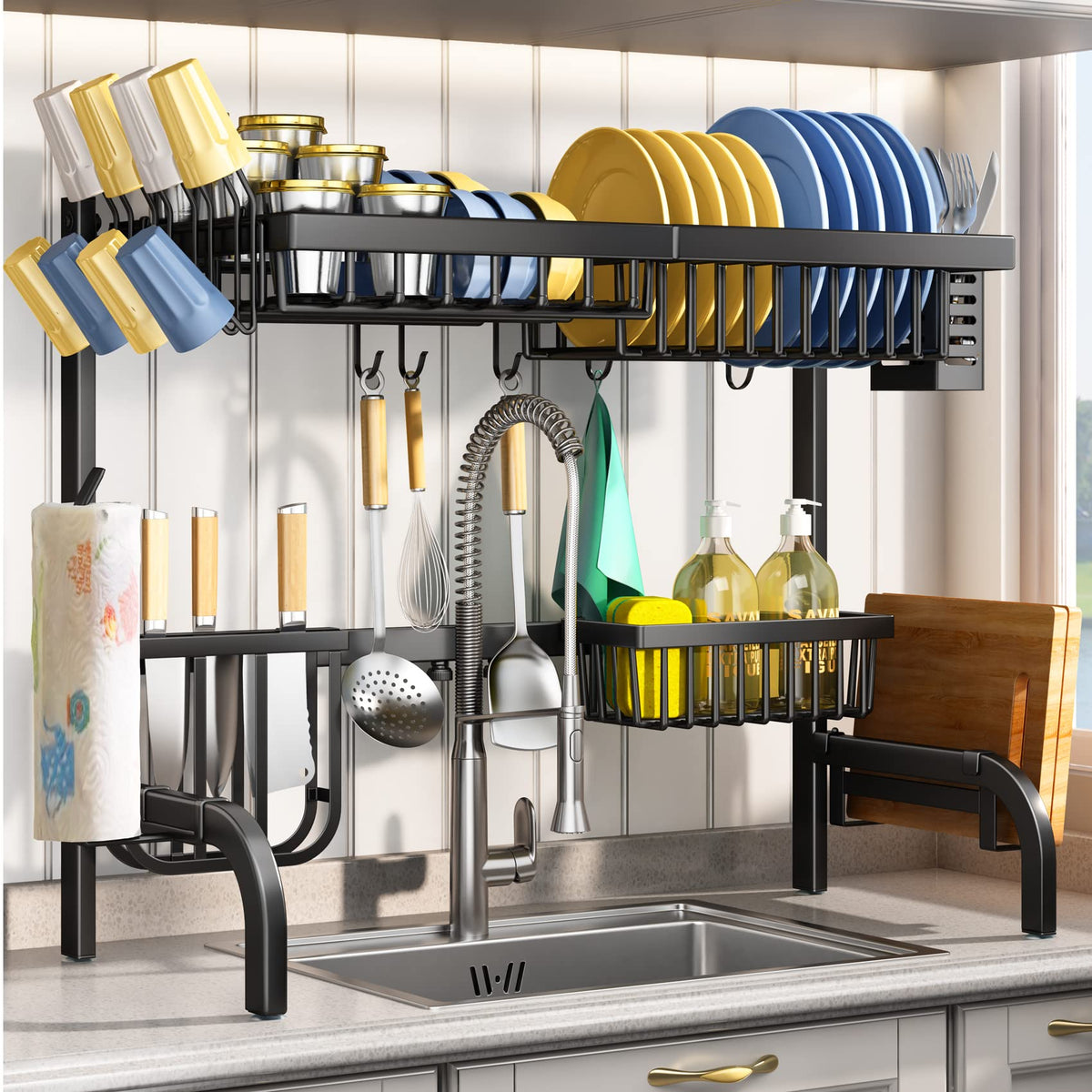 Over The Sink Dish Drying Rack, Adjustable (25.5 To 33.5 Inch) 2 Tier Metal Steel Dish Drying Racks For Kitchen Counter With Hoo