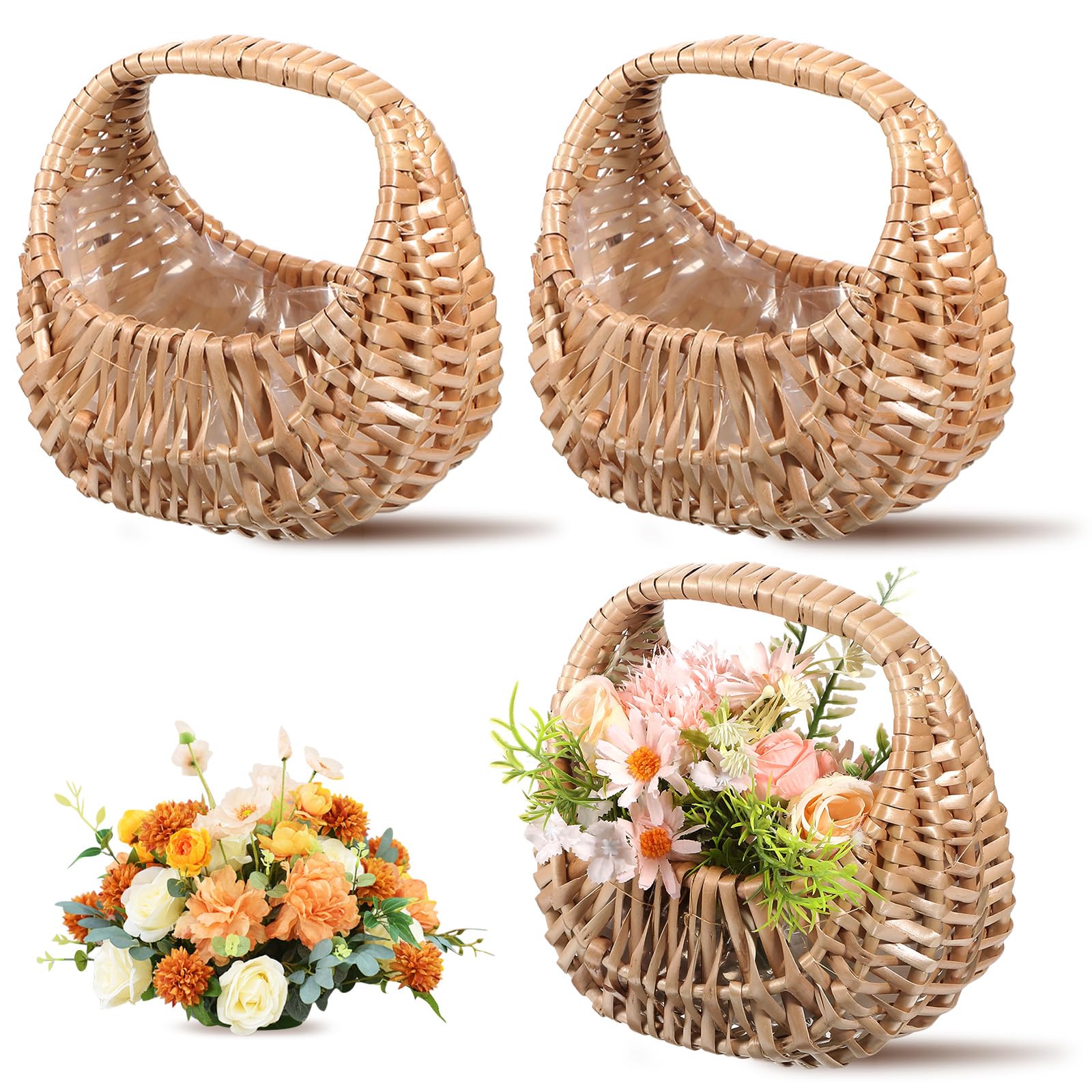 3 Pack Rattan Flower Girl Baskets, Plastic Liner, for Wedding Flower Girl