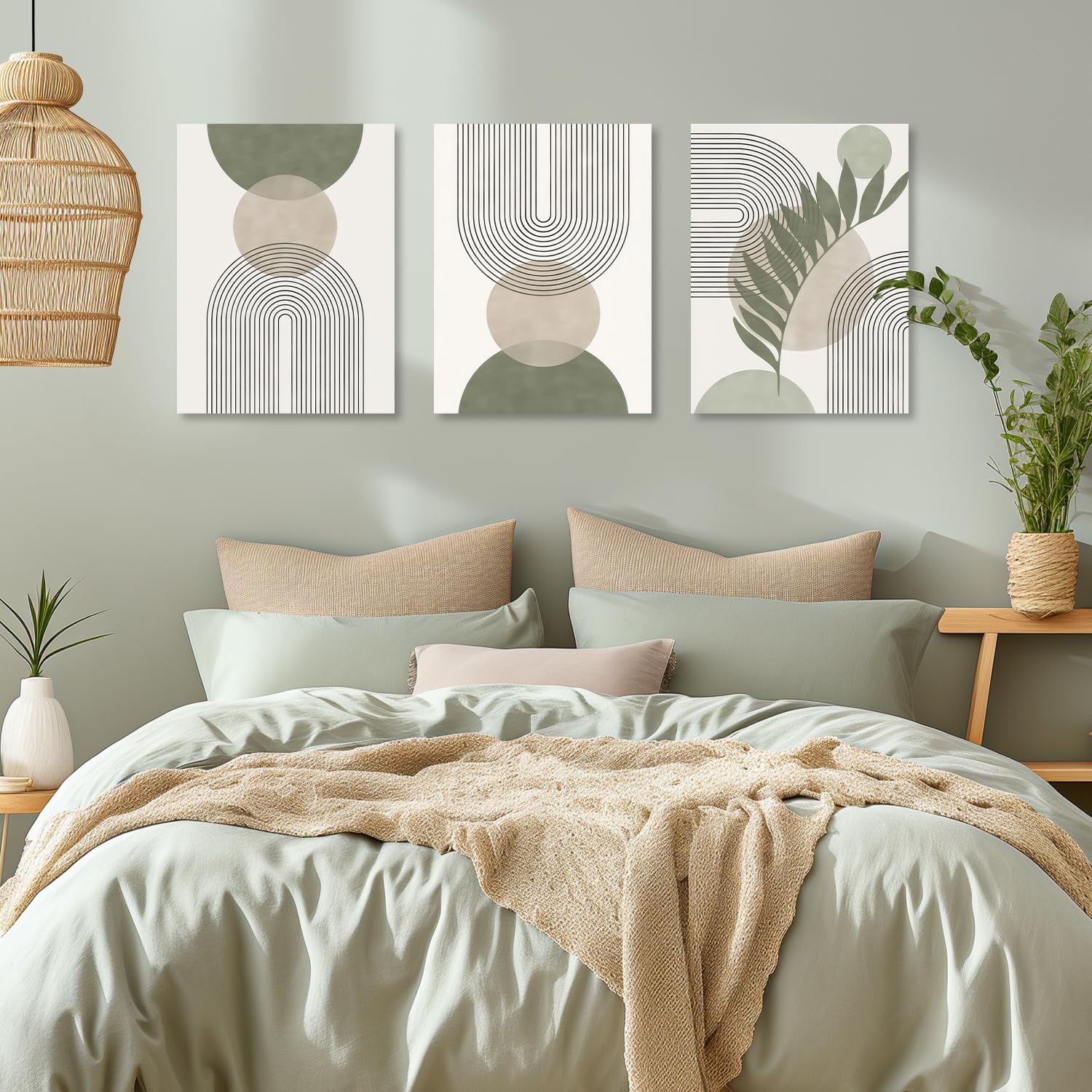 3 Pcs Sage Green Canvas Wall Art Boho Abstract Wall Decor Minimalist Geometric Artwork Modern Botanical Prints For Bedroom Livin
