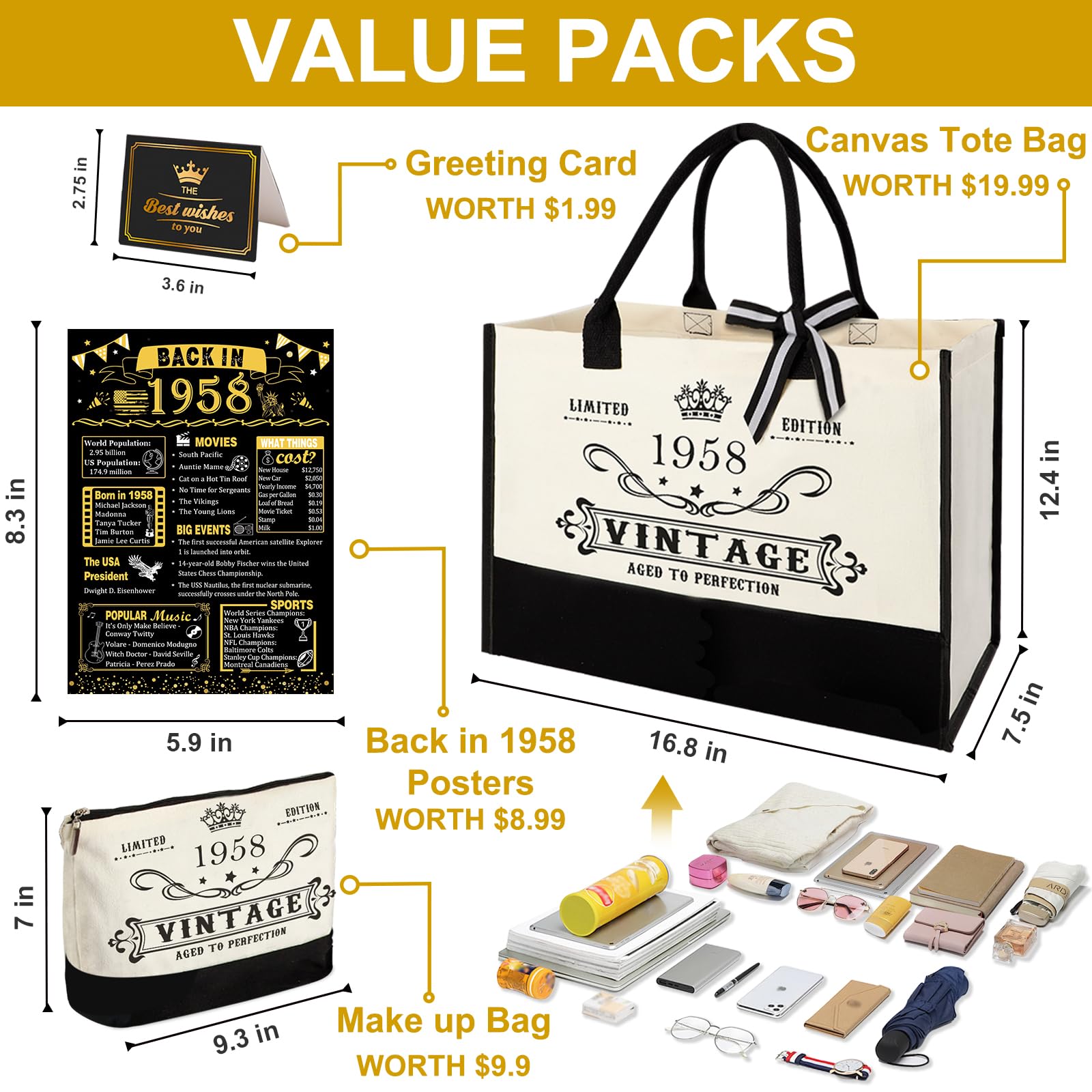 YeohJoy 67th Birthday Gifts for Her Canvas Tote Bag Travel Gear, Unique 67 Years Old Birthday Gifts for Girlfriend Sister Friend