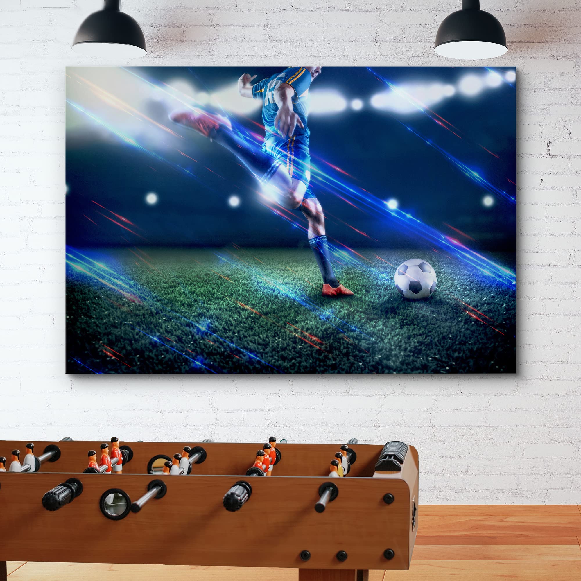 Wall26 Canvas Print Wall Art Neon Light Stadium Soccer Player Kicking Ball Athletes Sports & Fitness Photography Realism Decorat