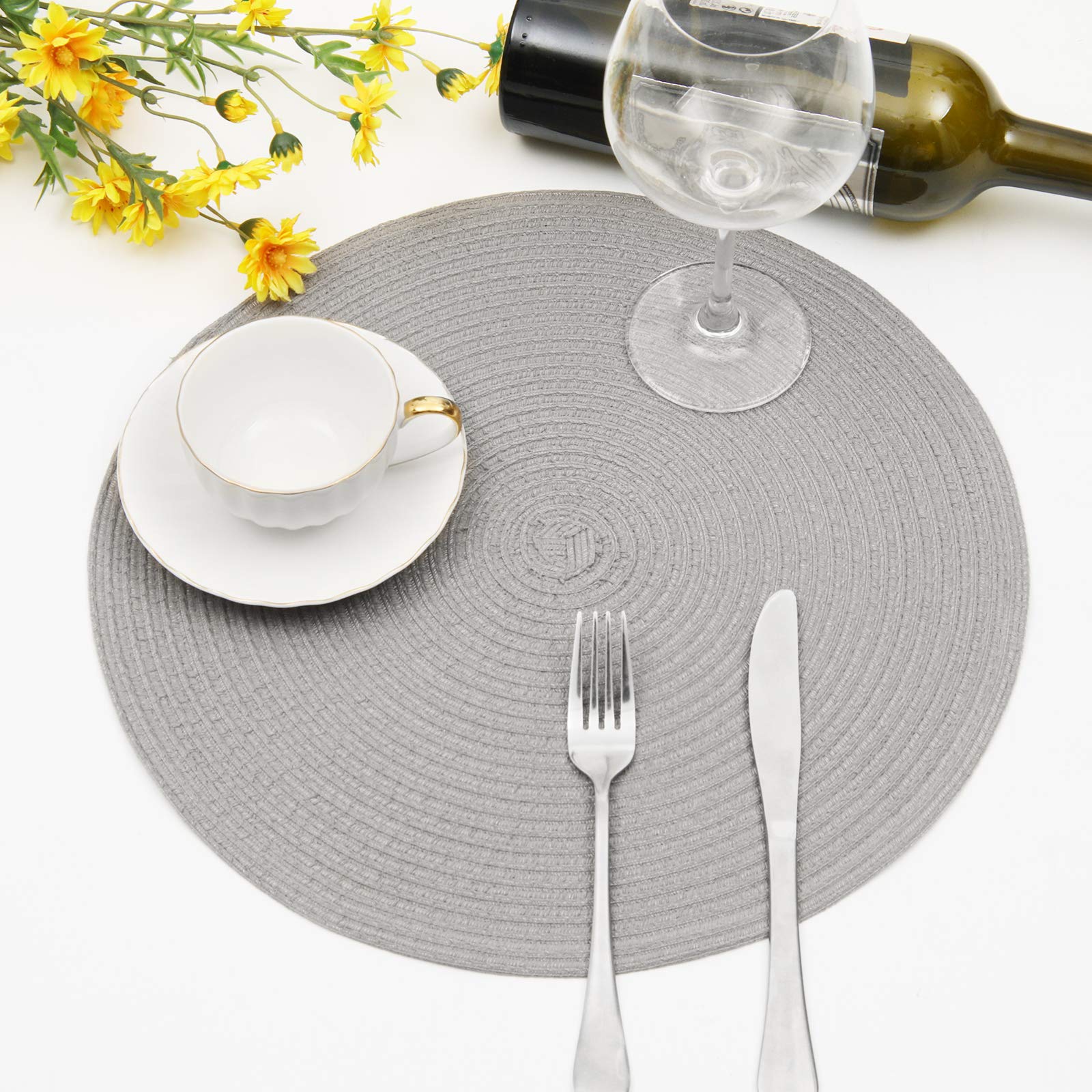 Shacos Round Braided Placemats Set Of 6 Thick Fabric Place Mats Woven Table Mats For Dining Tables 15 Inch (Gray, 6)