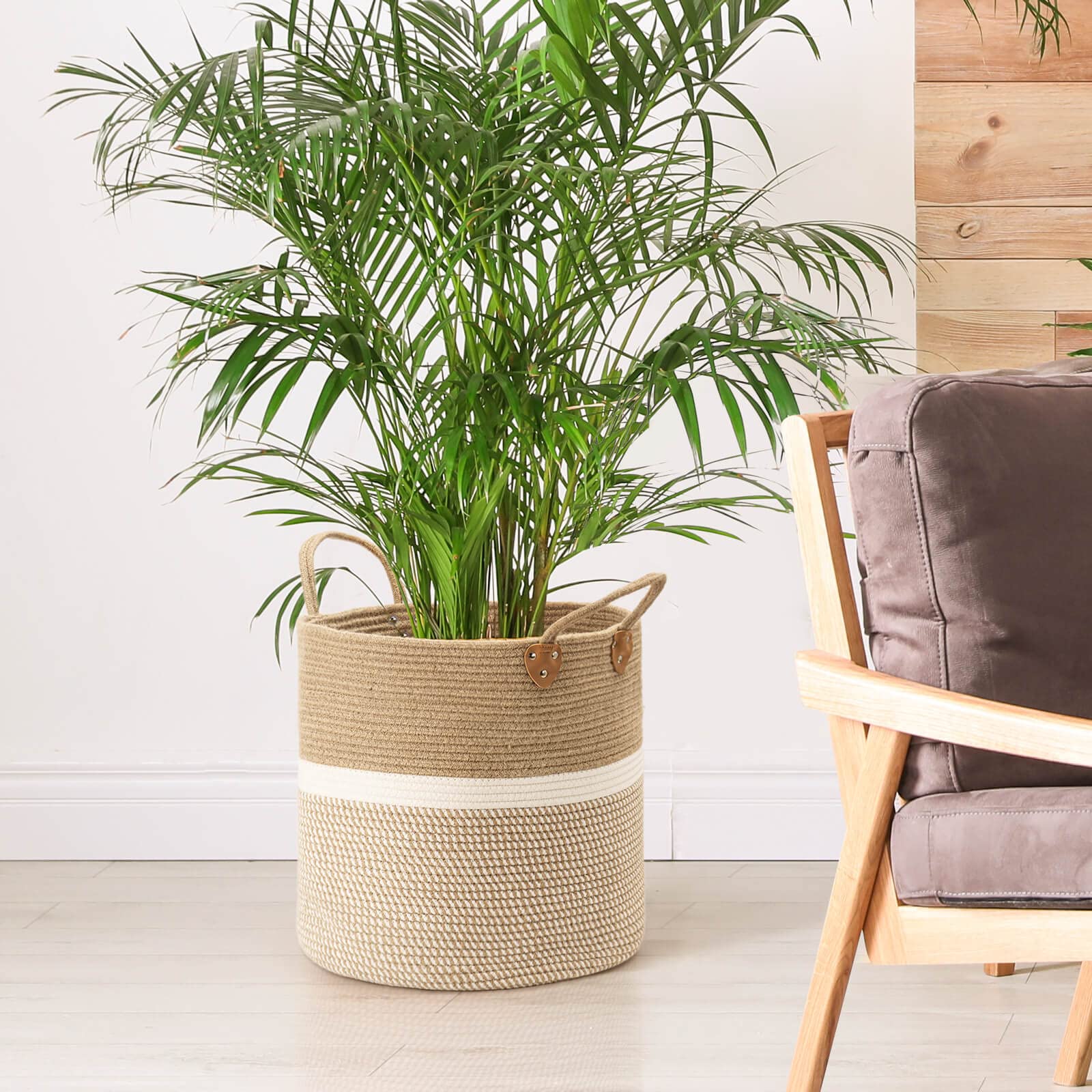 CHICVITA Extra Large Jute Basket Woven Storage Basket with Handles - Laundry Basket Toy Towels Blanket Basket Home Decor Gift  16'' x 16''  White