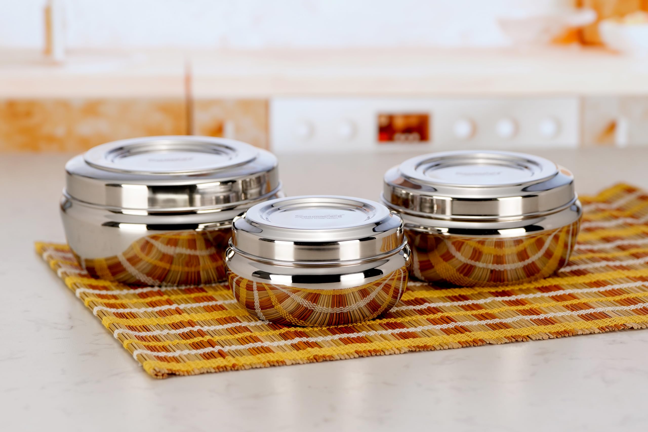 Sumeet Stainless Steel Small Canisters Puri Dabba Storage Containers Set For Kitchen  11Cm  12.8Cm & 14.6Cm Dia  550Ml  750Ml  1150Ml  Pack Of 3  Silver