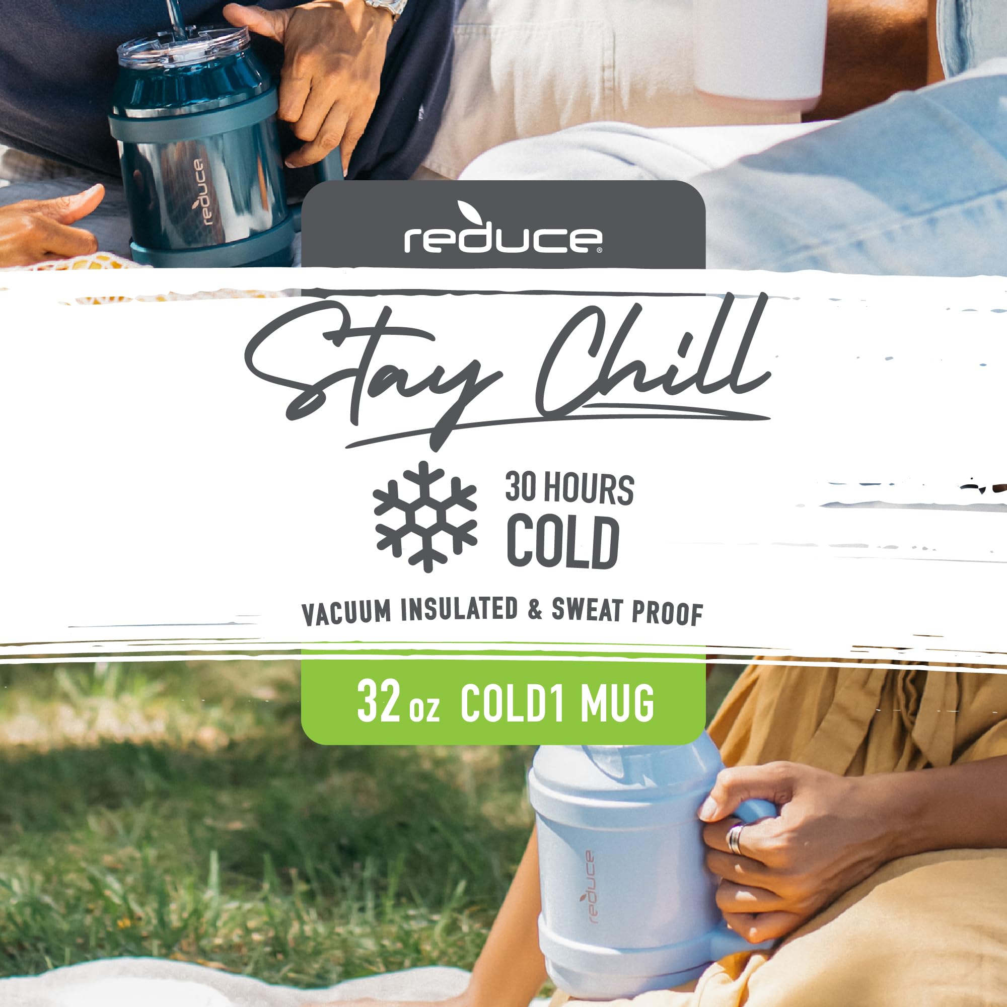 REDUCE Reusable 32 oz Cold1 Water Tumbler - Ergonomic Handle - Double-Wall Insulation - Sturdy Desktop/Tabletop Mug with Lid and