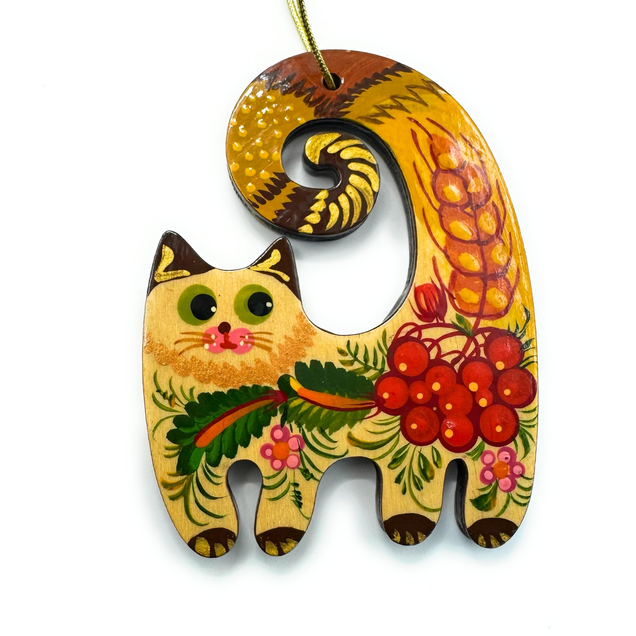 Rustic Wooden Cat Christmas Tree Ornament 3,3 ? 2,8 ? 0,2 Inch | 7 ? 8,5 ? 0,5 cm Ukrainian Folk Art Petrykivka Hand-painted Ris