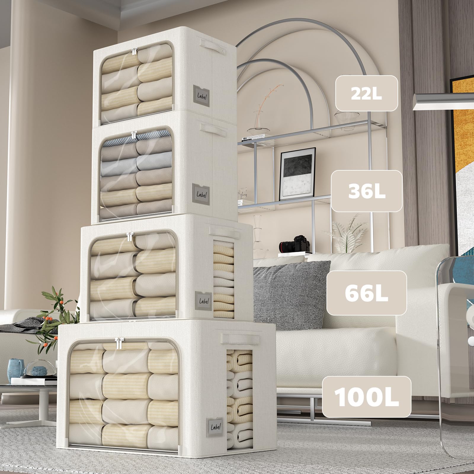 2 Pack Clear Window Storage Bins - Large Stackable Linen Fabric Storage for Clothes Foldable Container Organizer Set with Carryi