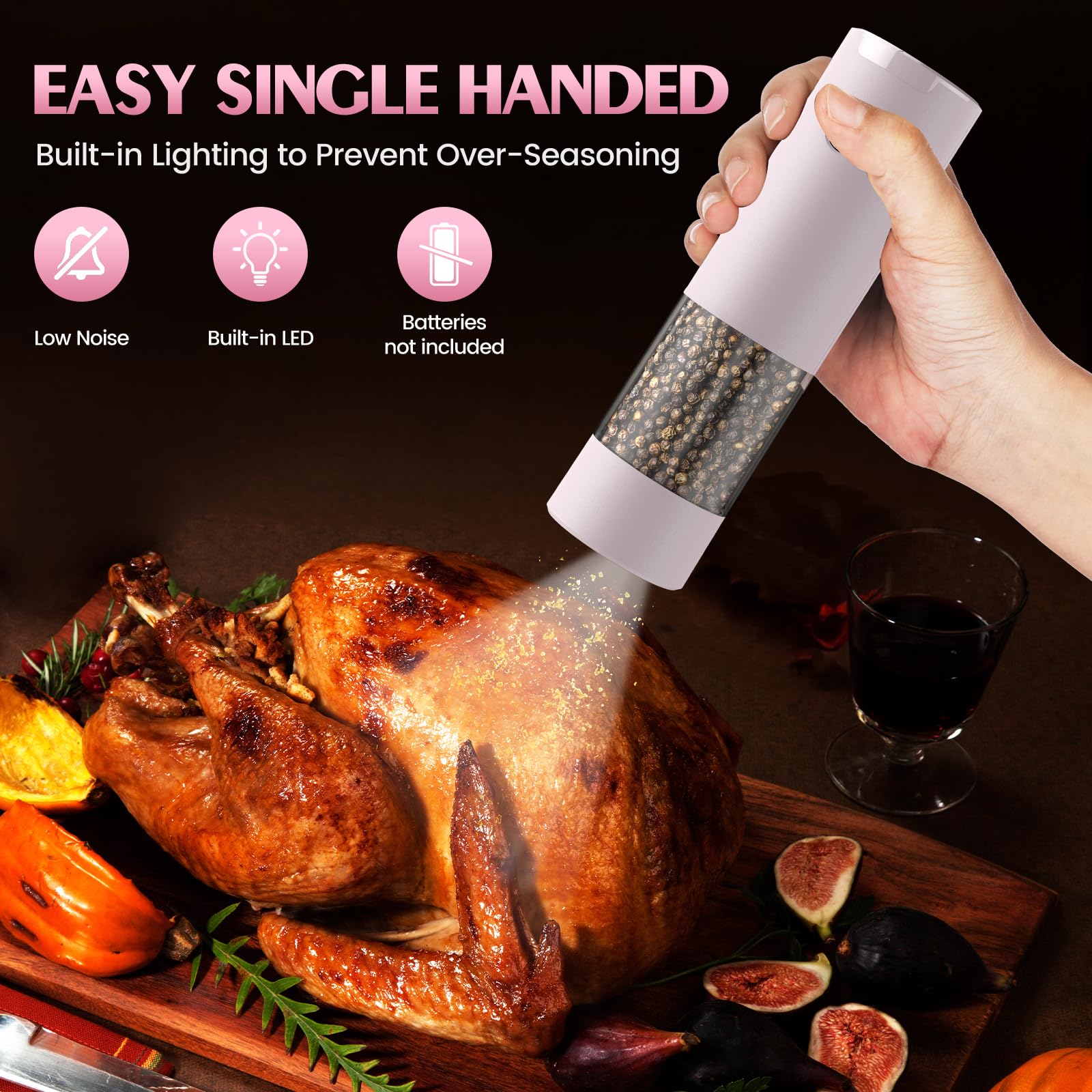 ioion Salt and Pepper Grinder Set - 2 Pack Automatic, Acrylic, Pink - Model KYMQ-44B-AH-BS, Ideal for Gifts and Cooking