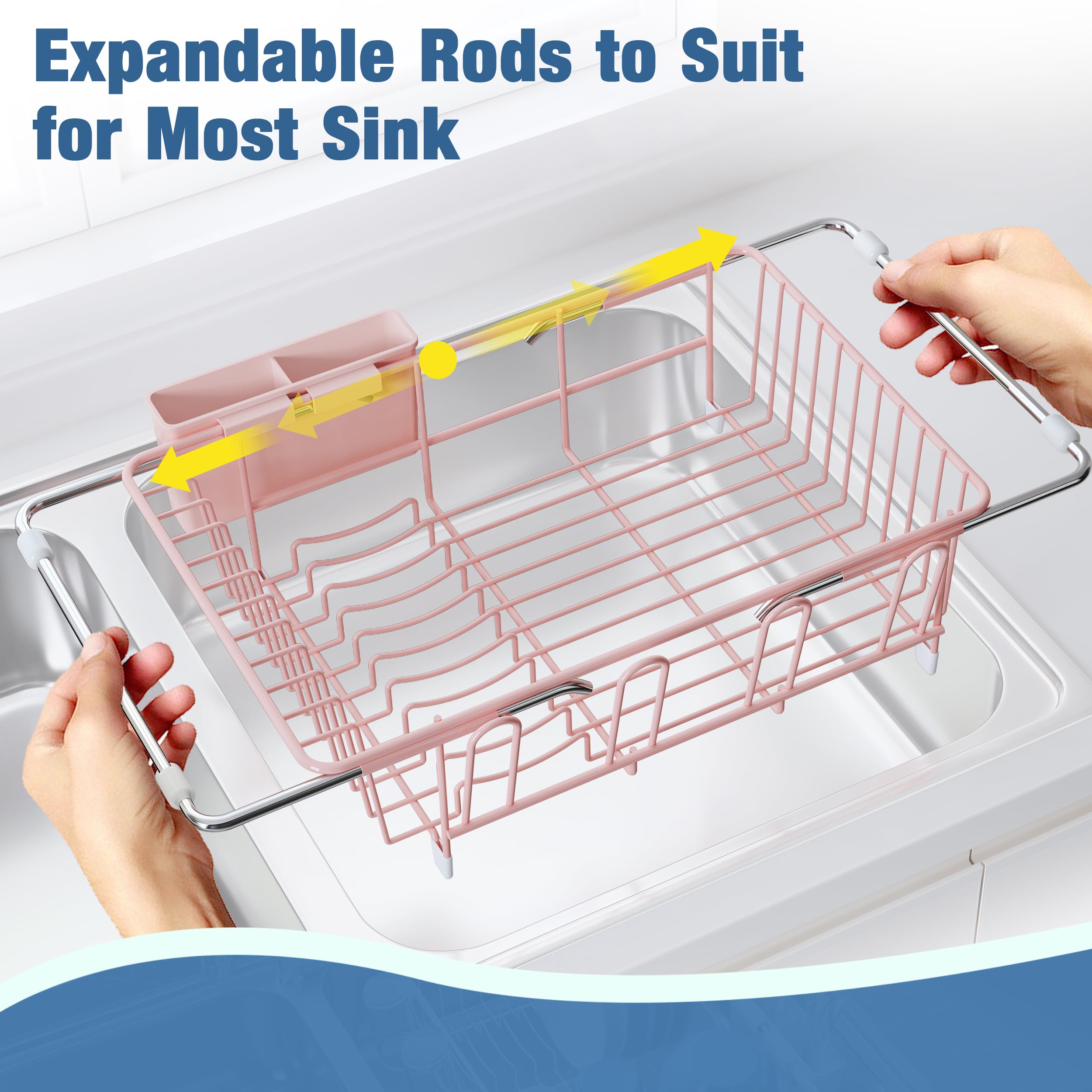 Over the Sink Expandable Dish Drainer Drying Rack In Stainless Steel for Small Kitchen, Counter Space Saving Compact Metal Above