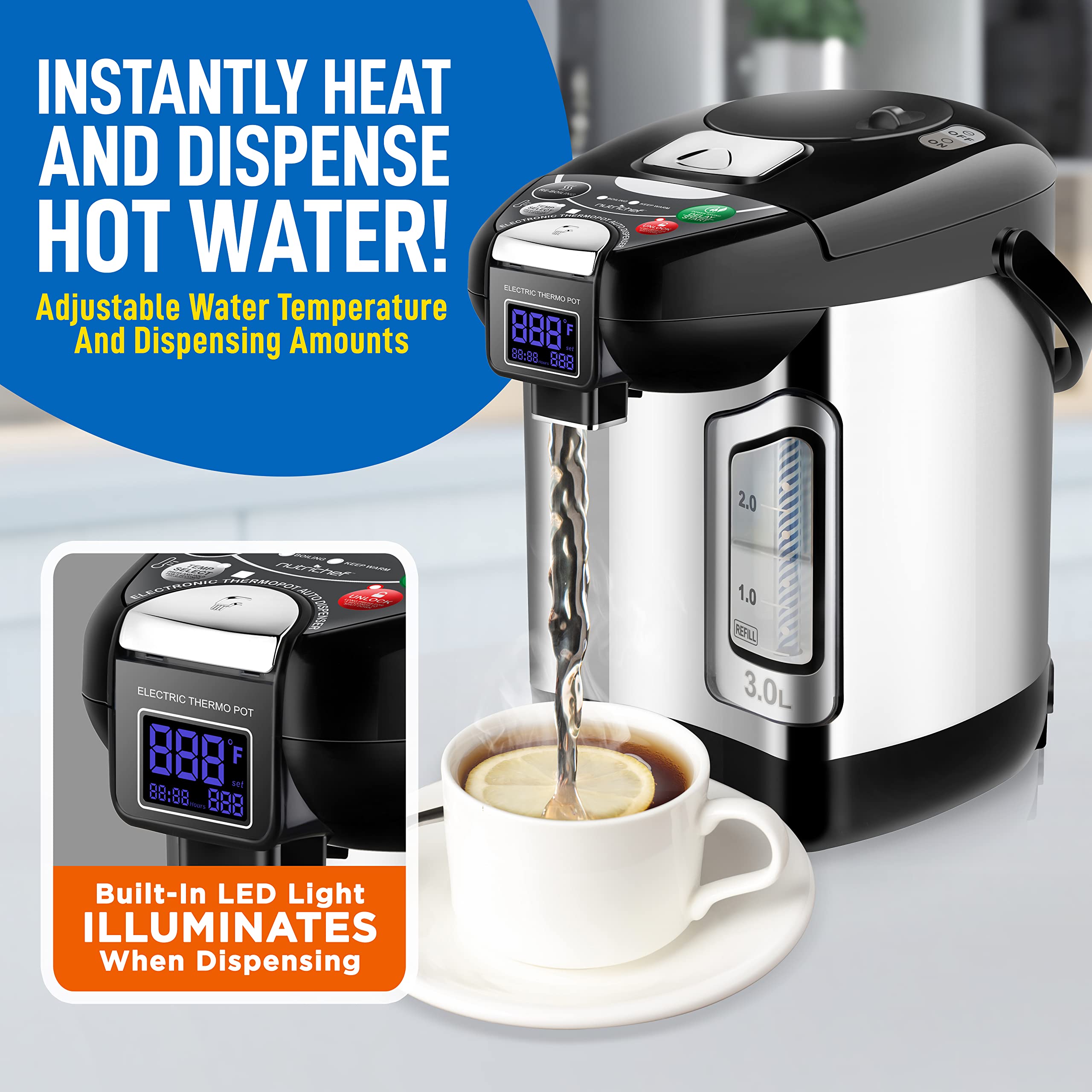 Nutrichef Digital Water Boiler And Warmer - 3L/3.17 Qt Stainless Electric Hot Water Dispenser W/ Lcd Display, Rotating Base, Kee