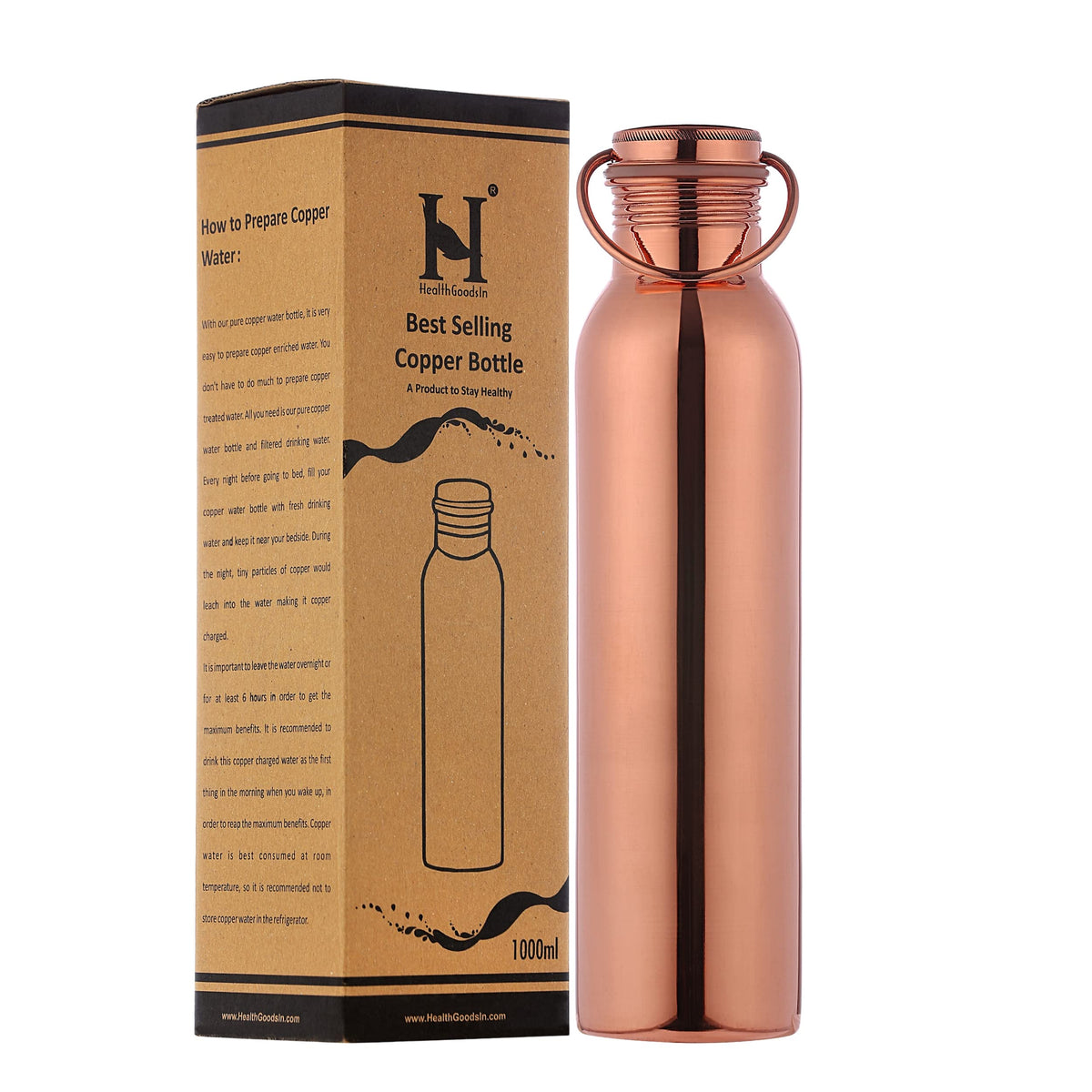 Healthgoodsin Pure Copper Water Bottle With Carrying Handle Seamless Leakproof Ayurvedic Water Bottle 1000 Ml