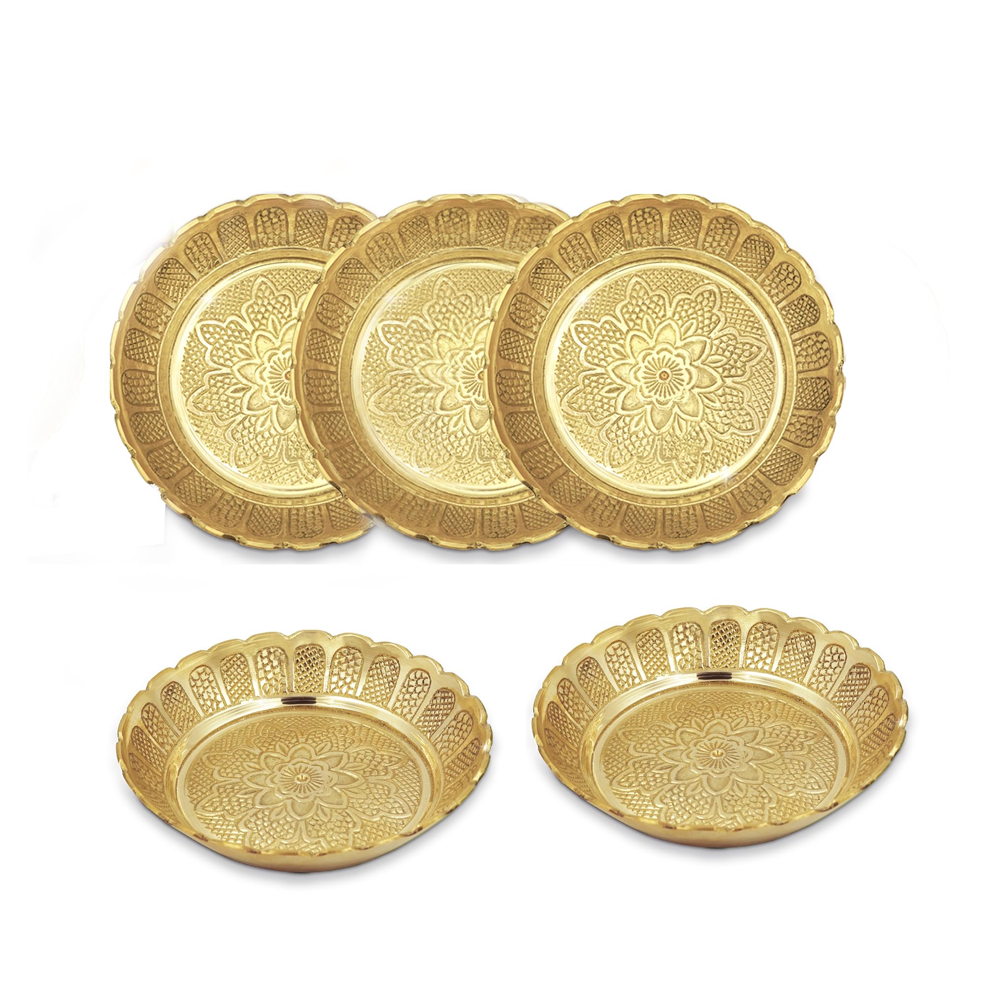 Shubhkart Solid Brass Decorative Nakshi Plate Set for Puja, Decoration & Gifting (Medium 9.5 cm, Pack of 5, Solid Brass)