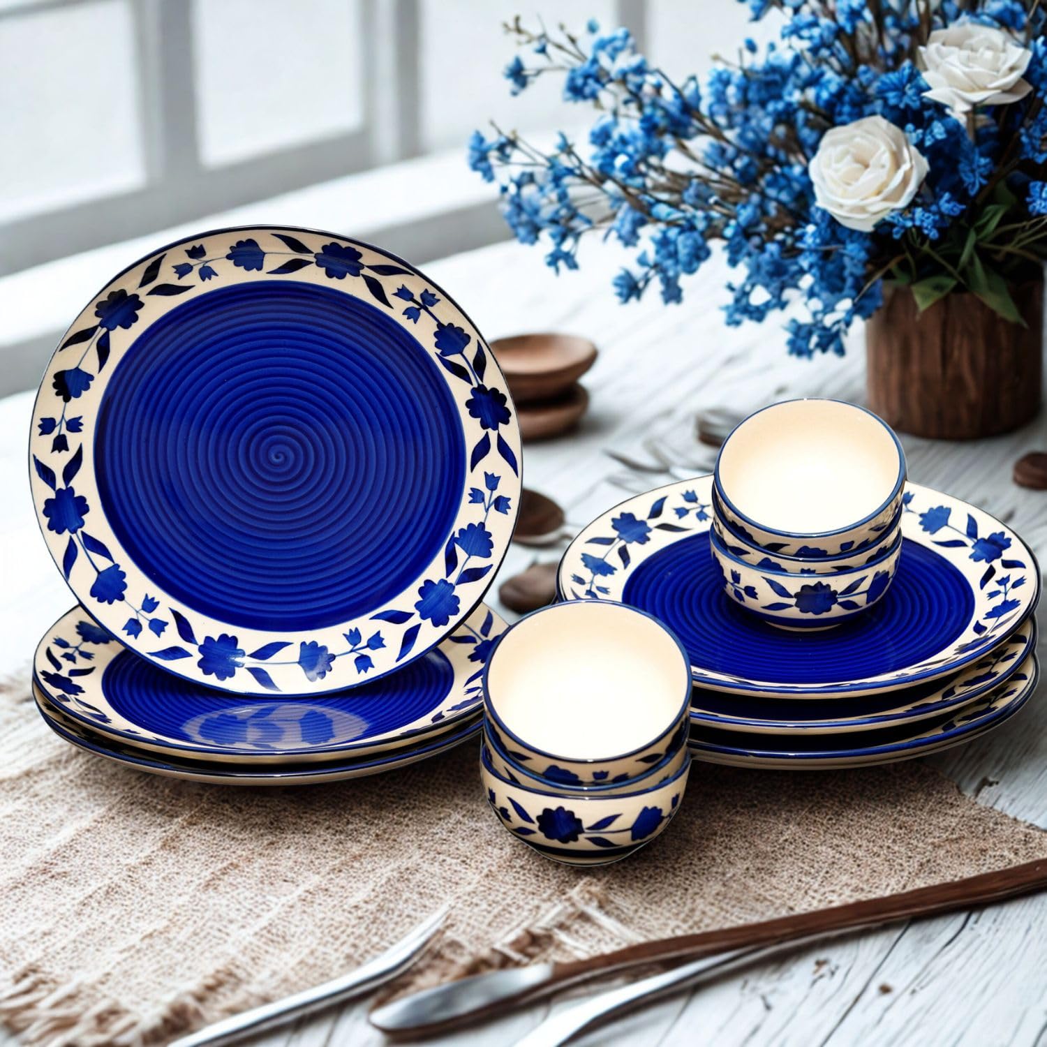 Yourowndcor Handcrafted Ceramic Blue Floral 12 Pieces Dinner Set - 6 Full Plate 10 inch, 6 Serving Bowls 4 inch| Microwave Safe,