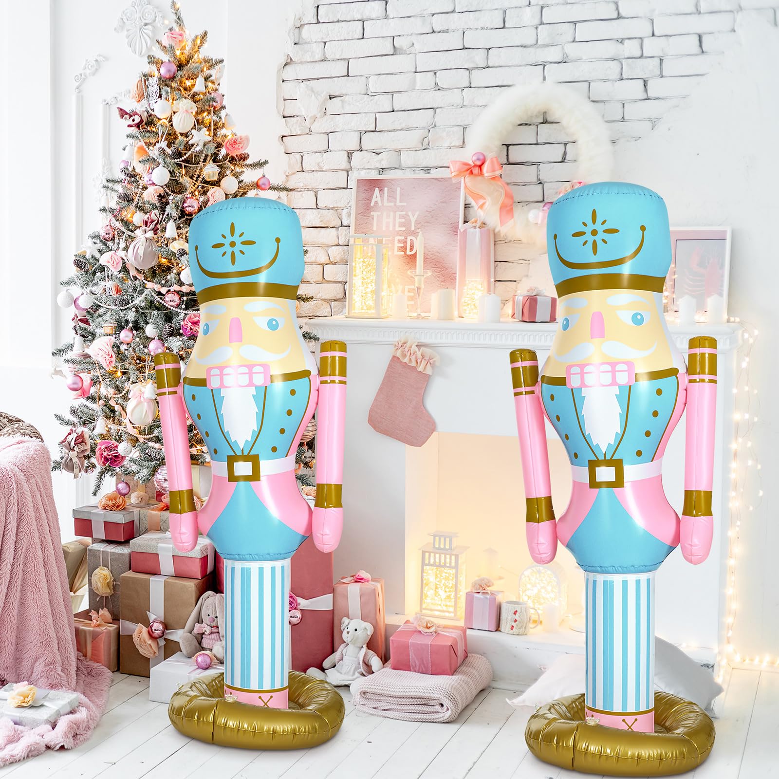 Leyndo 2pcs 5 ft Inflatable PVC Pastel Pink Nutcracker Figures Christmas Decor for Xmas Indoor Outdoor Lawn Weatherproof Decor(P