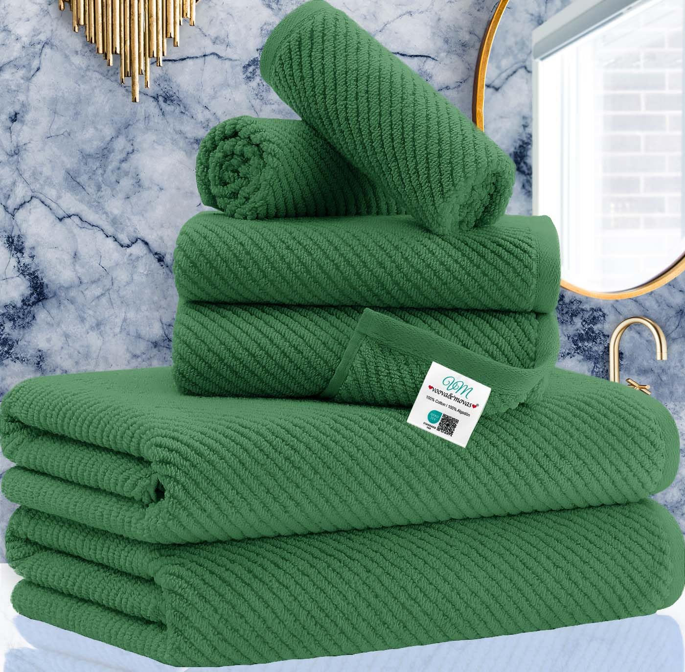 Green Towels, 6 Piece Towels Set - Cotton | Quick Dry | Thick | Lightweight | Soft, 2 Large Bath Towels 30''X56'', 2 Hand Towels