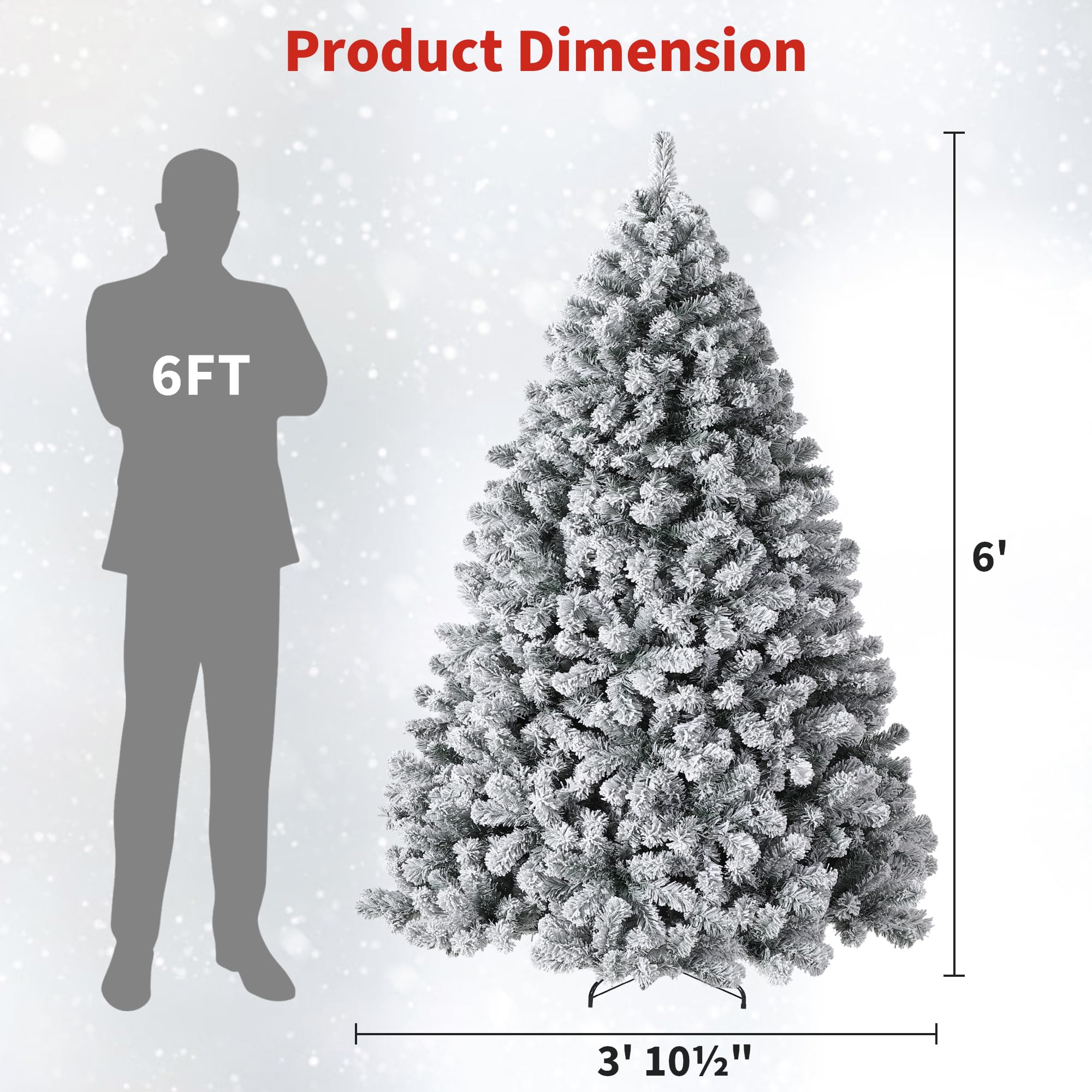 6FT Prelit Fluffy Snow Flocked Fraser Fir Artificial Christmas Tree with Warm White Lights, Hinged Branches, 800 Tips, Artificia