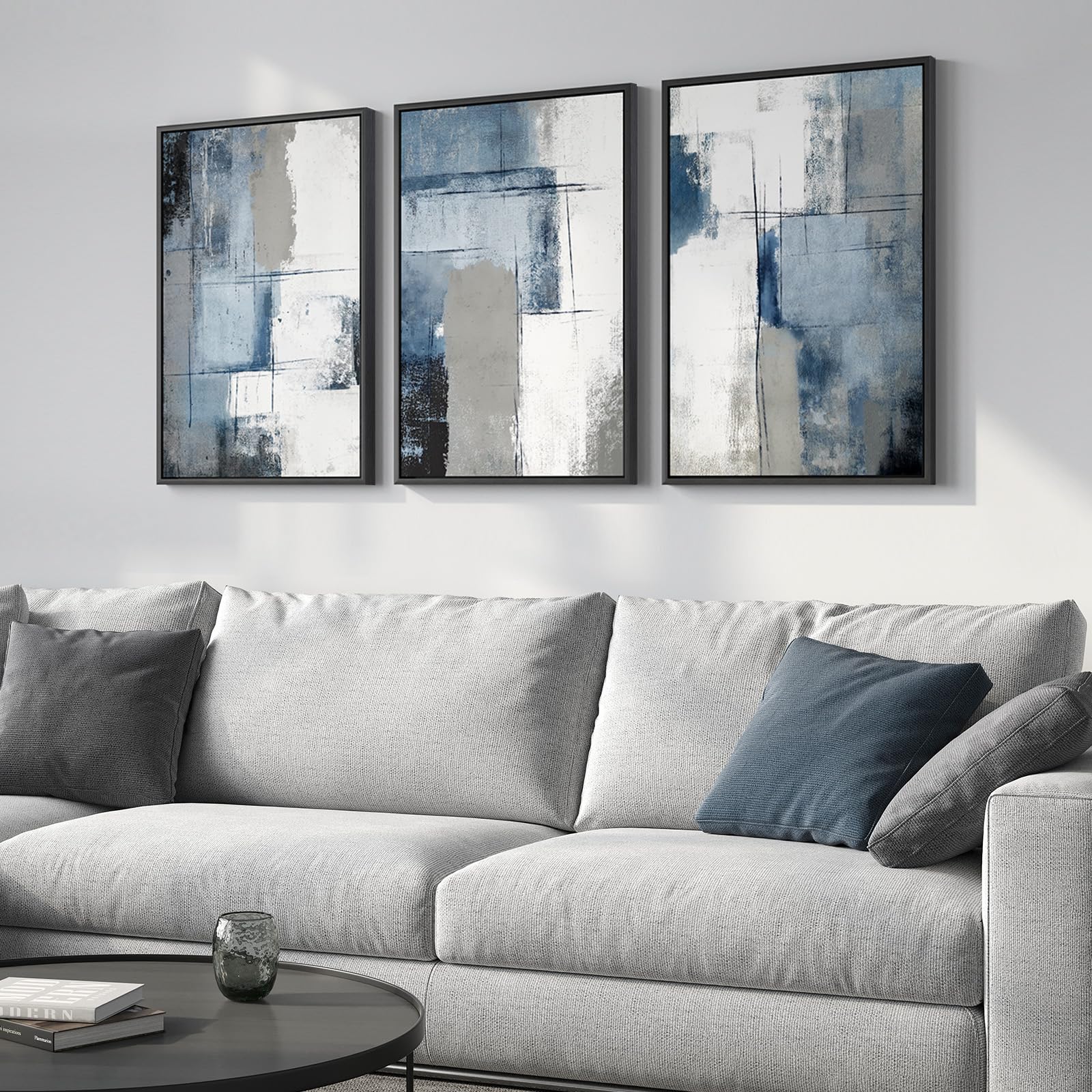 Framed Blue And Grey Abstract Wall Art, 3 Piece Modern Canvas Prints Paintings Artwork For Walls, Minimalist Abstract Block Pict