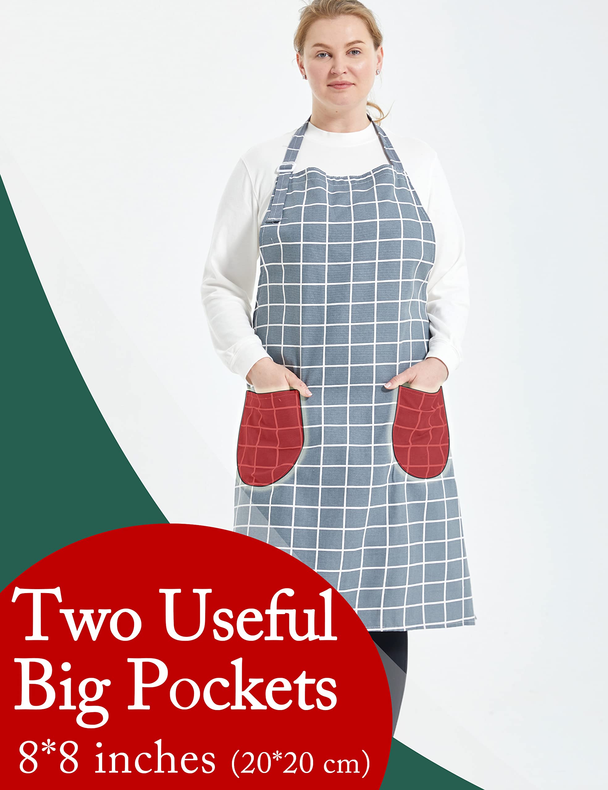 APRONNER Cotton Linen Baking Plus Size Aprons for Women with Pockets Kitchen Cooking Grey Grid