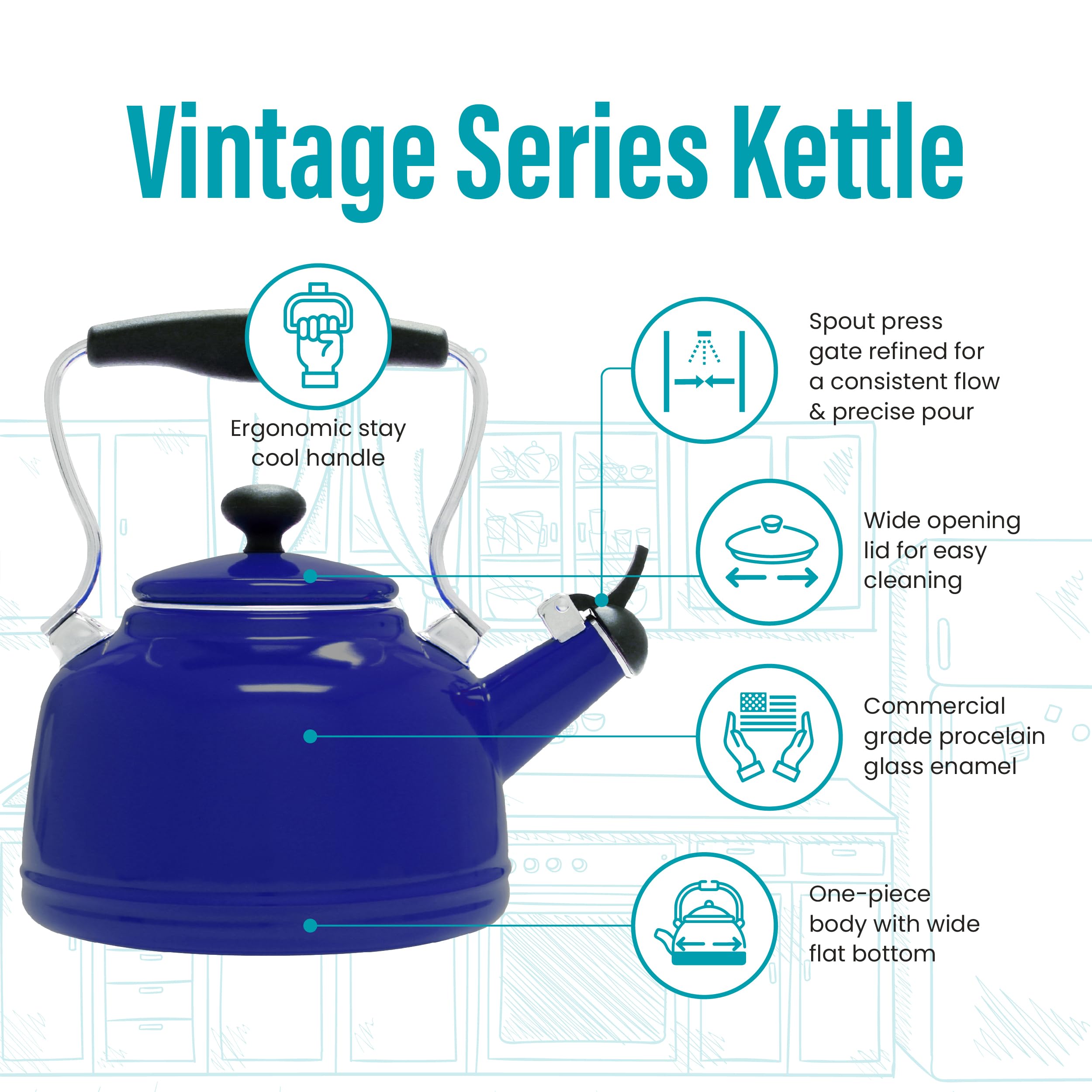 Chantal Tea Kettle, 1.7 Qt, Vintage Series, Premium Enamel On Carbon Steel, Whistling, Even Heating & Quick Boil (Cobalt Blue)