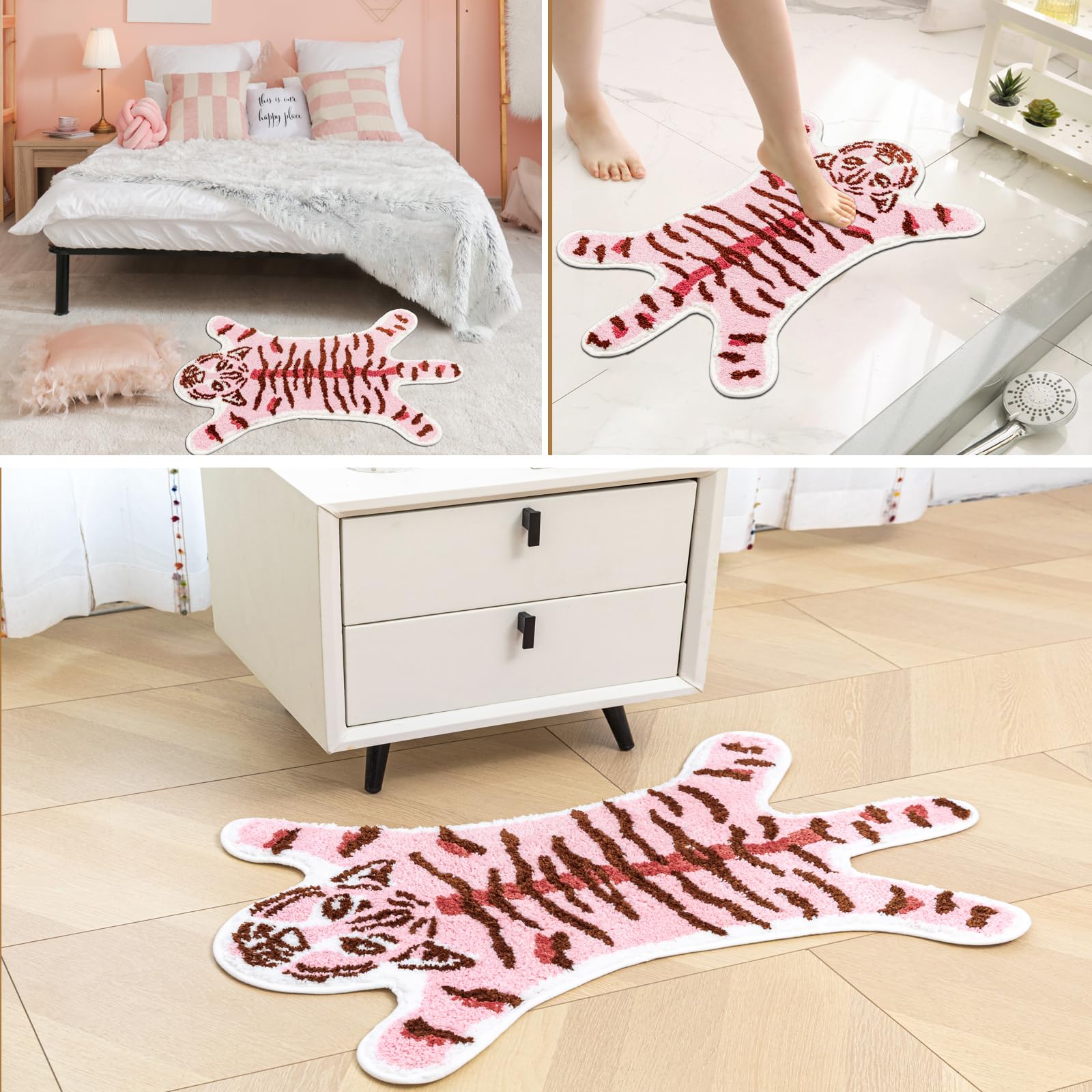 Tiger Bath Mat For Bathroom, Cute Pink Tiger Bathroom Rugs Non-Slip Cartoon Tiger Bath Mats Animals Shaped Absorbent Bathtub Rug