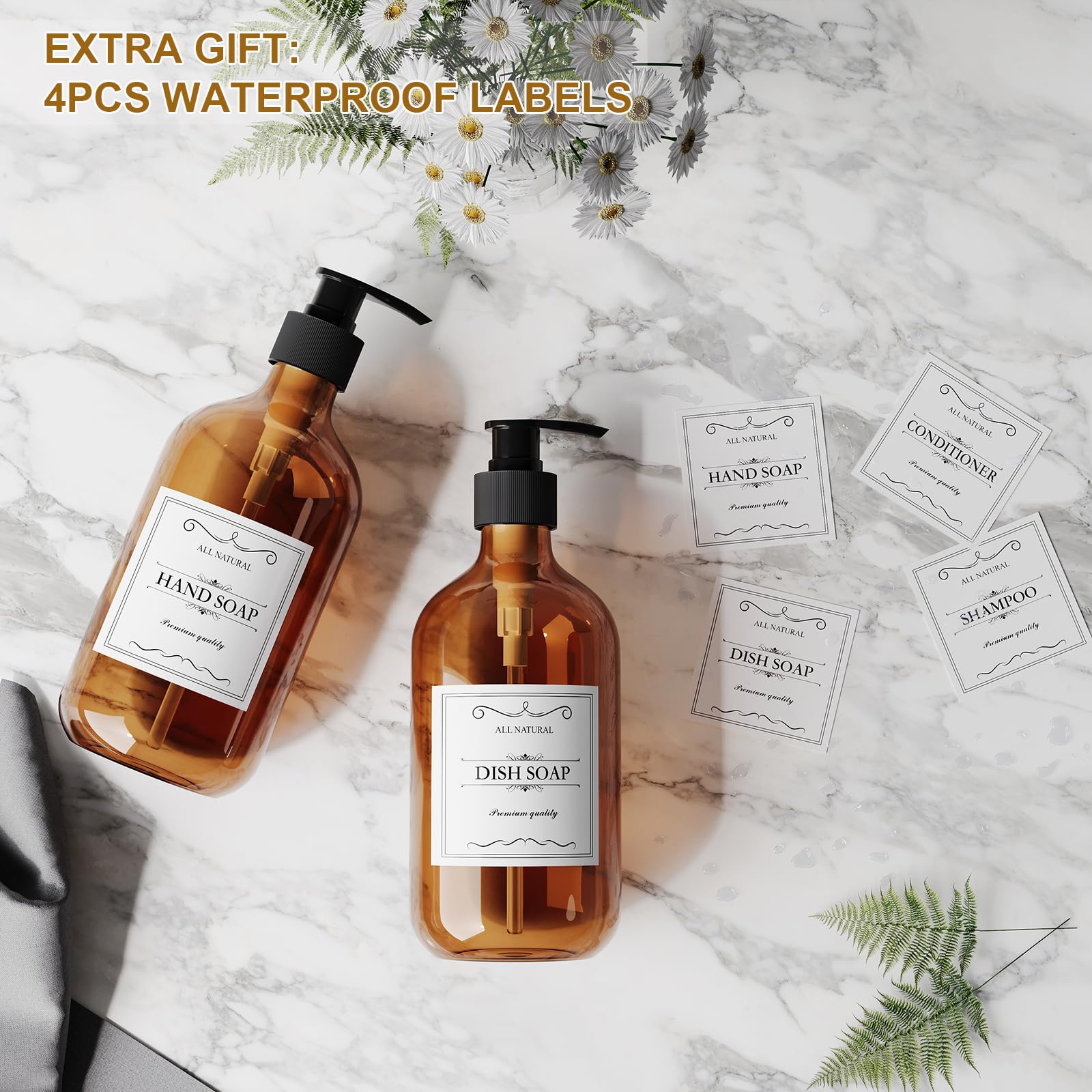 2Pcs Amber Dish Soap Dispenser For Kitchen (16 Oz), Brown Hand Soap Dispenser For Bathroom, Plastic Soap And Liquid Dispenser Se