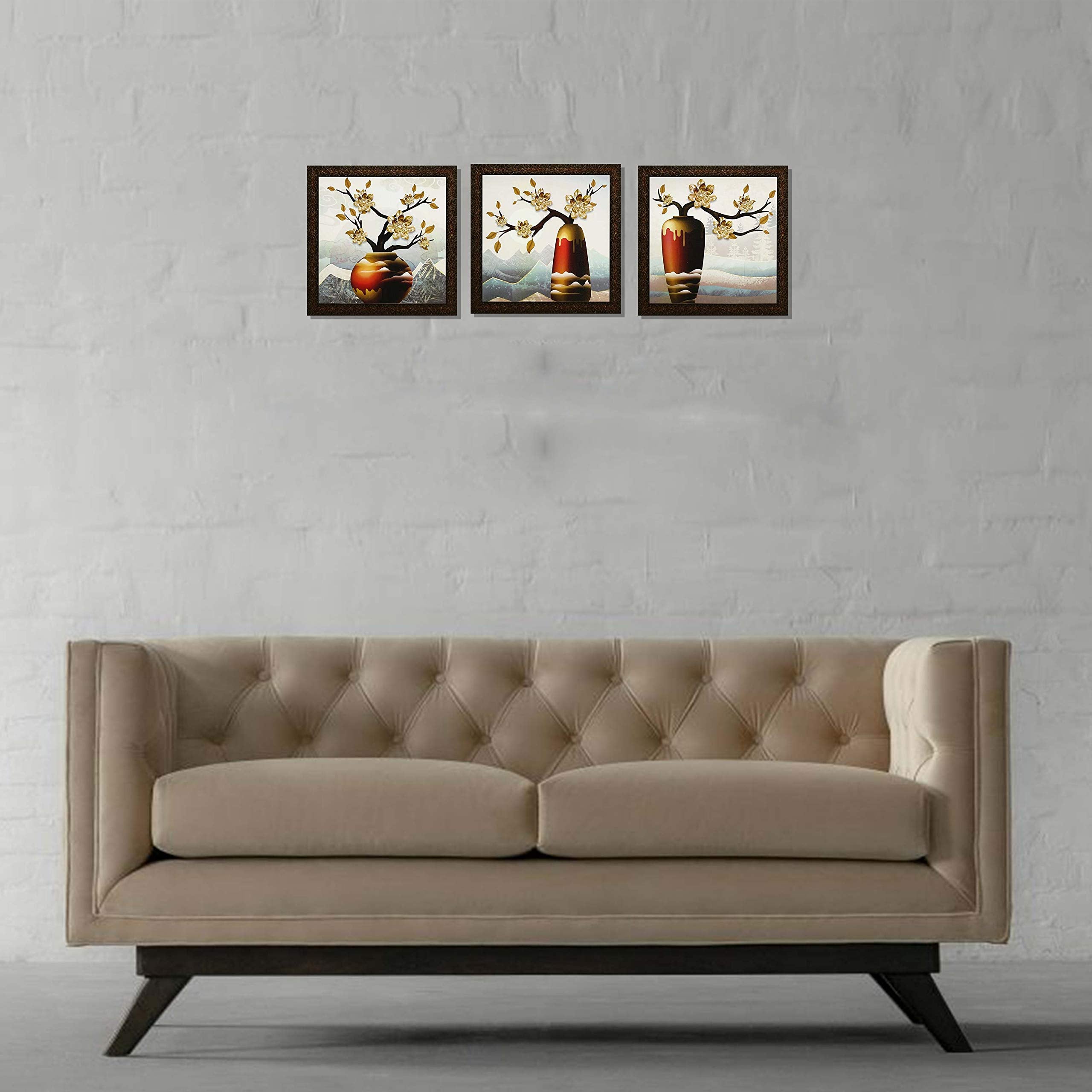 Indianara Set Of 3 Golden Flowers In Vases Framed Wall Hanging Laminated Paintings Matt Art Prints 9 Inch X 9 Inch Each Without