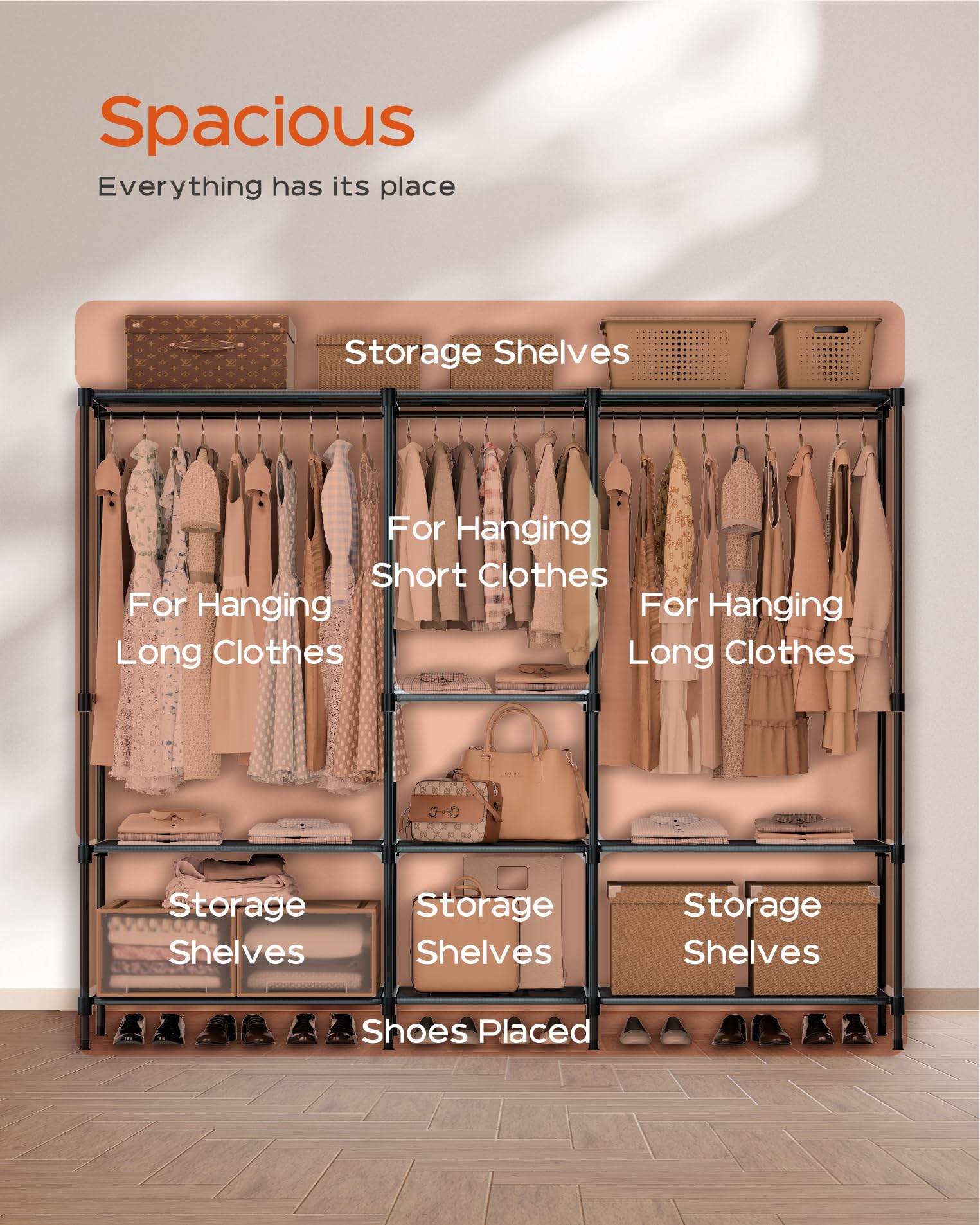 Casamaya Clothes Rack, Portable Closet, 71.7 Inch Large Capacity Wardrobe Closet, Clothes Storage Organizer With Shelves And 3 H