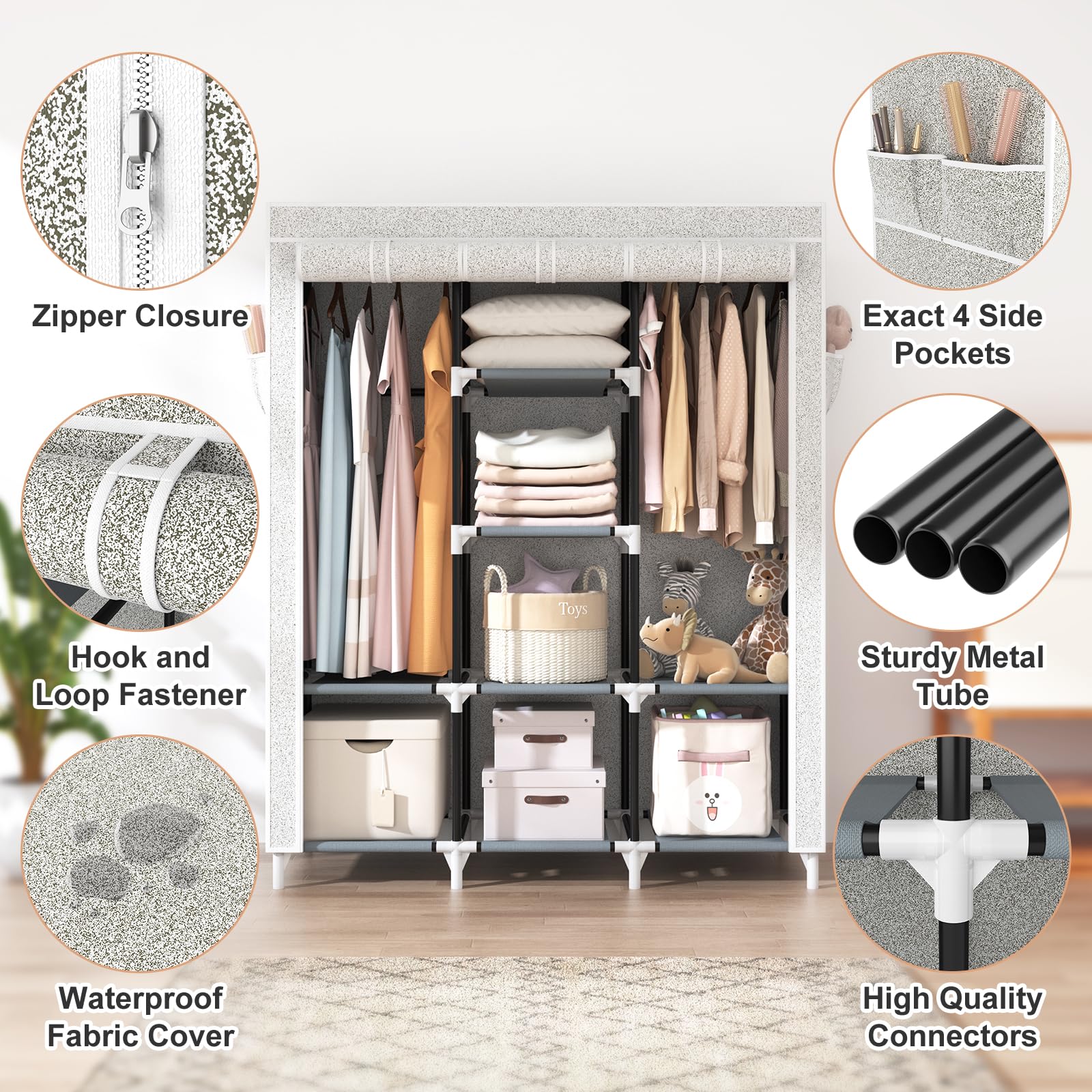 Vtrin Portable Closet Wardrobe For Hanging Clothes With 2 Hanging Rods And 8 Storage Organizer Shelves,Free Standing Clothes Rac