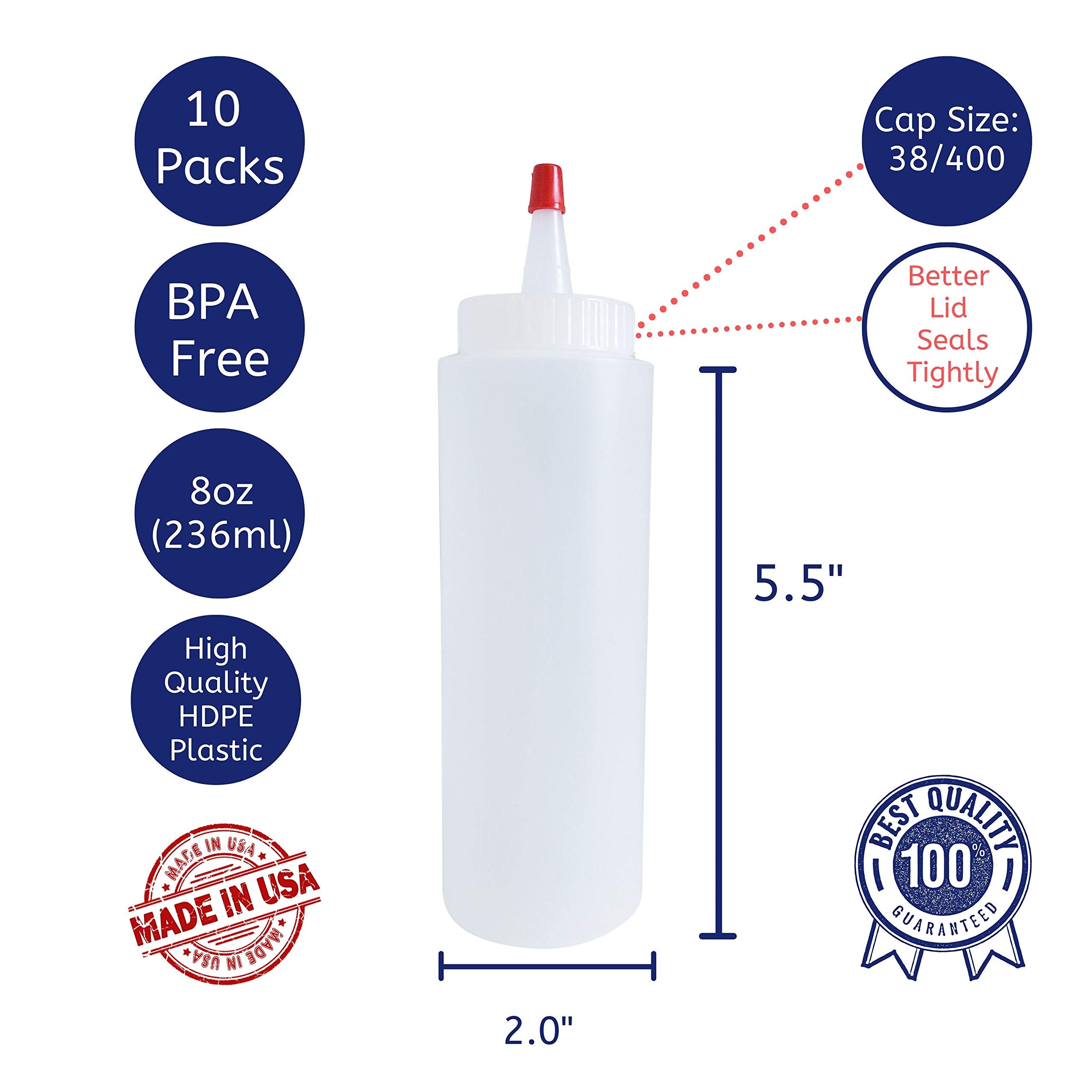 Kelkaa 8Oz Hdpe Plastic Squeeze Bottles With Wide Mouth Opening, Red Tip Yorker Caps With 0.030 Orifice For Condiments And Any T