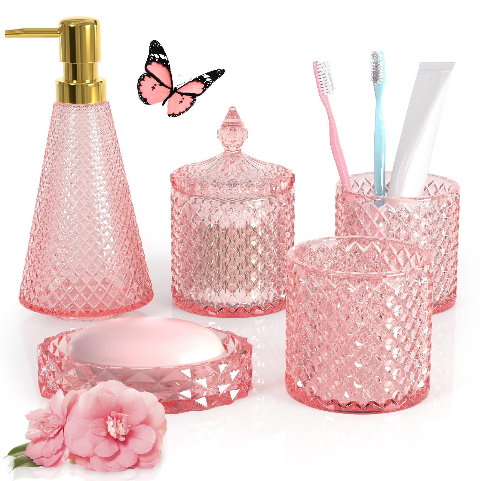 Pink Bathroom Accessories Set, 5 Pcs Premium Glass Bathroom Accessory Set With Vanity Organizer, Lotion Dispenser, Soap Dish, Ba