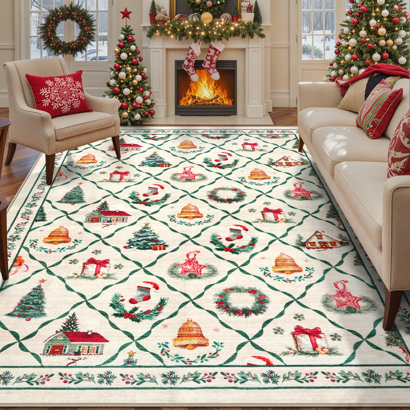 LIVEBOX Christmas Farmhouse Rugs for Living Room 8x10 - Soft Washable Neutral Rugs for Living Room Thin Non-Slip Xmas Tree Rug f