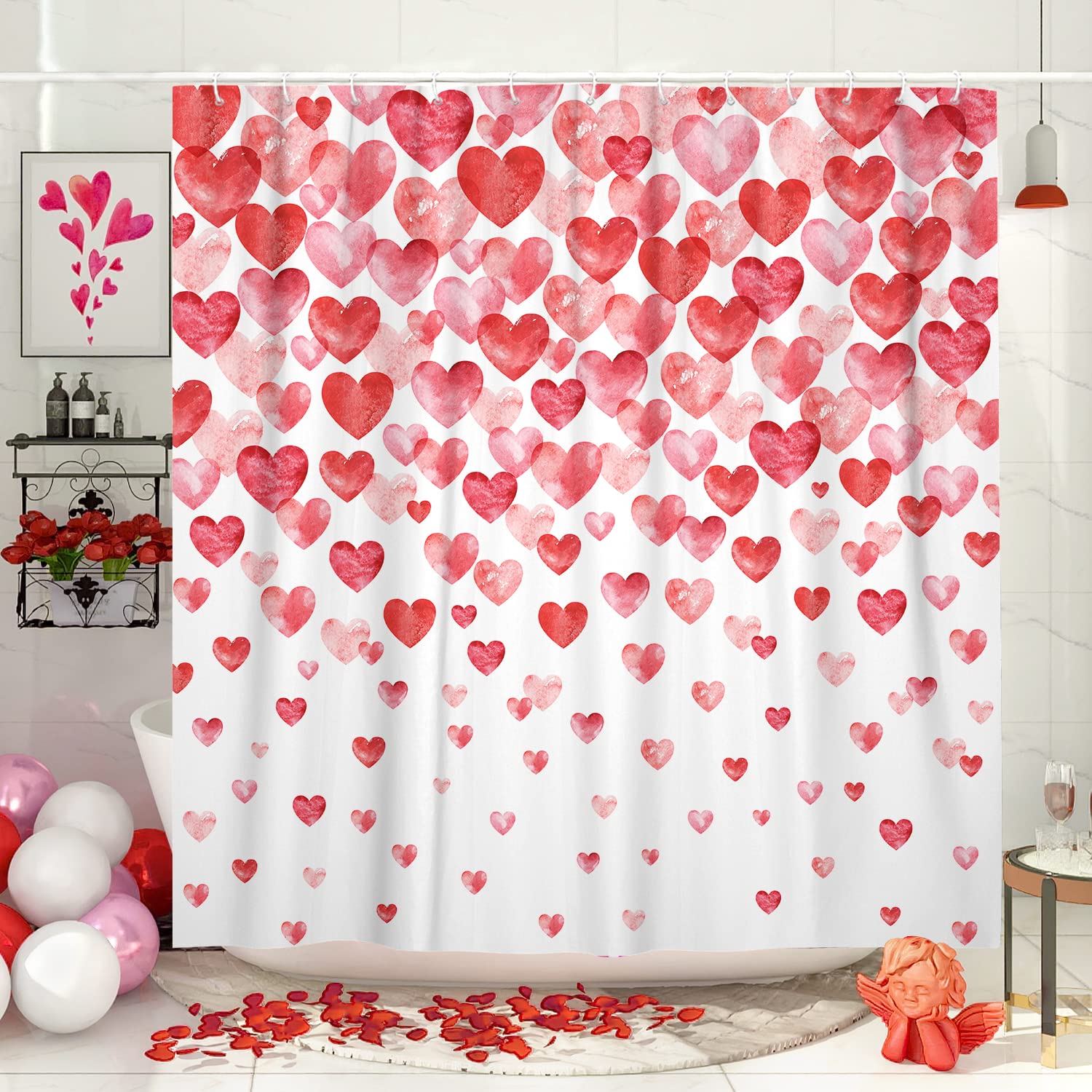 Valentines Day Shower Curtain, Watercolor Red Hearts With Falling Hearts Shower Curtain For Bathroom, Fabric Bathroom Accessorie