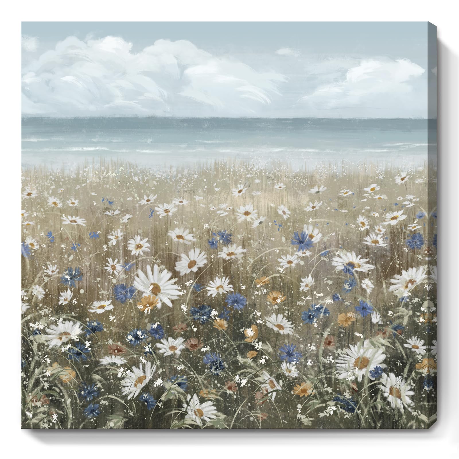 Canvas Wall Art Beach Floral Wall Picture Coastal Boho Farmhouse Daisy Flowers Nautical Sea Ocean Wildflowers Canvas Print Vinta