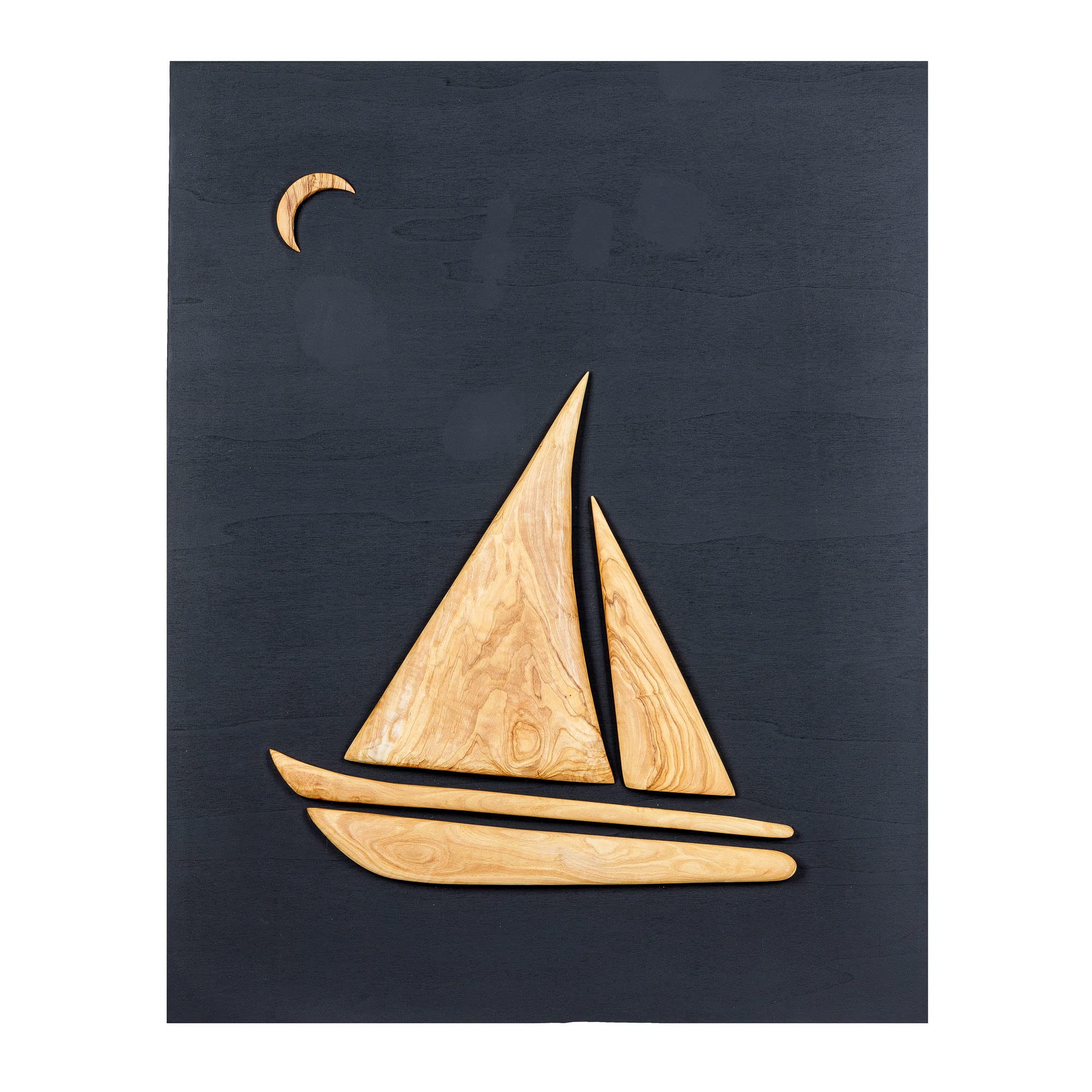 EliteCrafters Olive Wood Sailboat, Modern Wall Decor, Black Wooden Background, Design B, 55x70cm