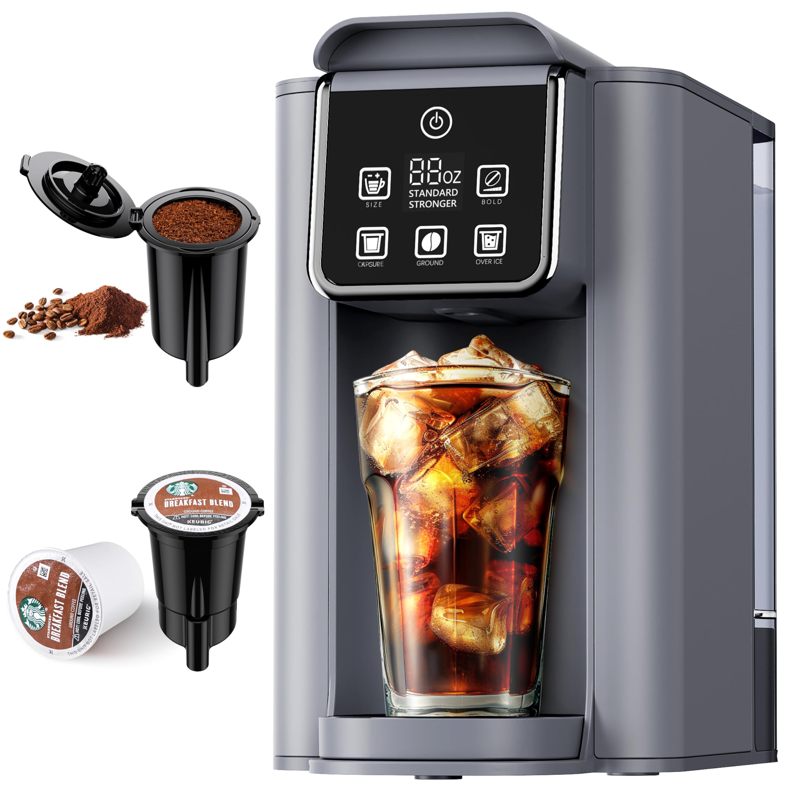 Kidisle Hot & Iced Coffee Maker With Bold Setting, Single Serve Coffee Maker For K Cup And Grounds, 6-14 Oz Brew Sizes, 50 Oz Re