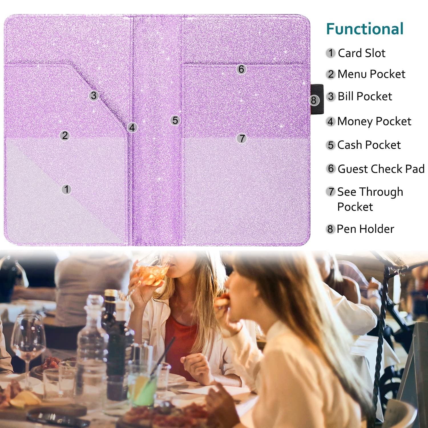 Rsaquar Server Books For Waitress, Cute Waitstaff Organizer Wallet Support With 7 Storage Pockets For Recipes And Guest Check, L