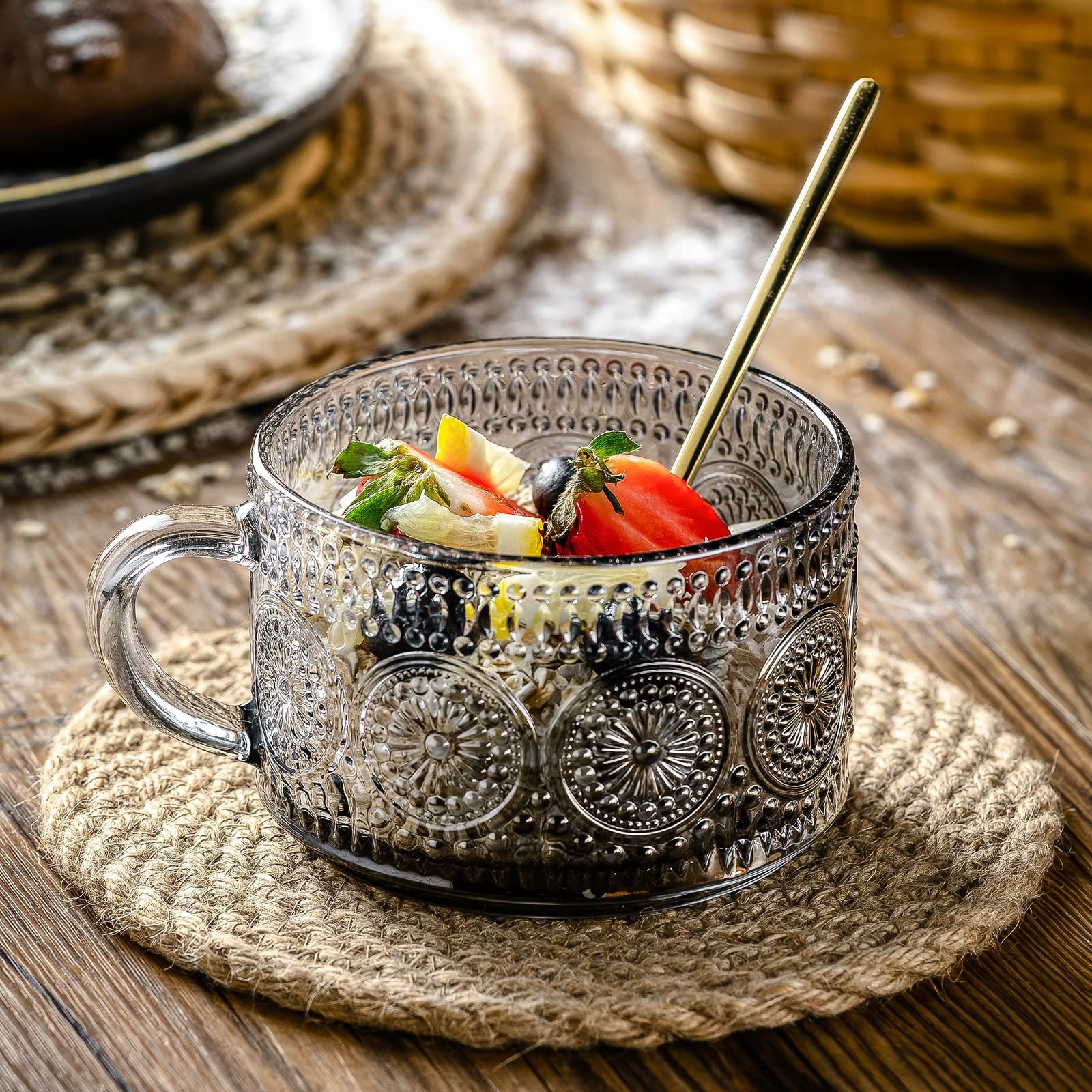 Gezzeny Vintage Glass Coffee Mugs 14 Oz Set Of 2 Gray Embossed Tea Cups For Cappuccino, Latte,Cereal, Yogurt, Beverage Hot/Cold